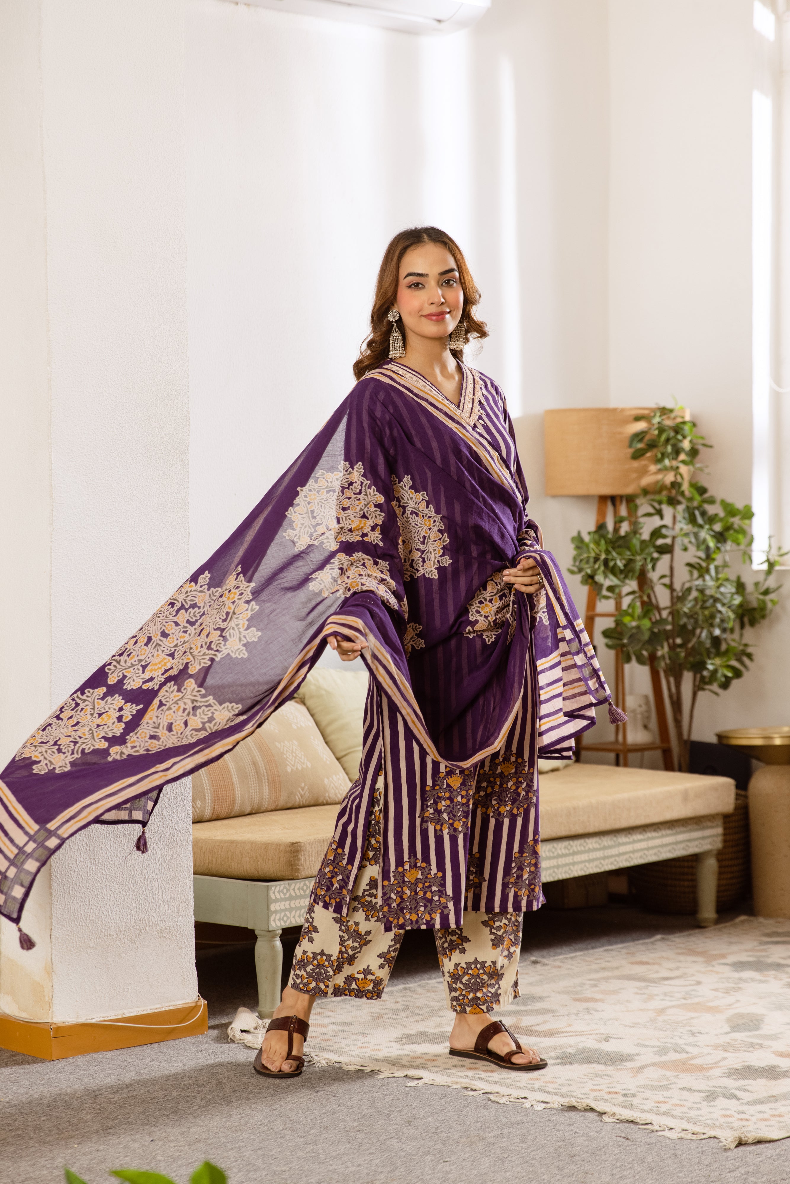 Vanya Pure Cotton Printed Purple Off-White 3-Piece Set (Devri – D.No 20031)