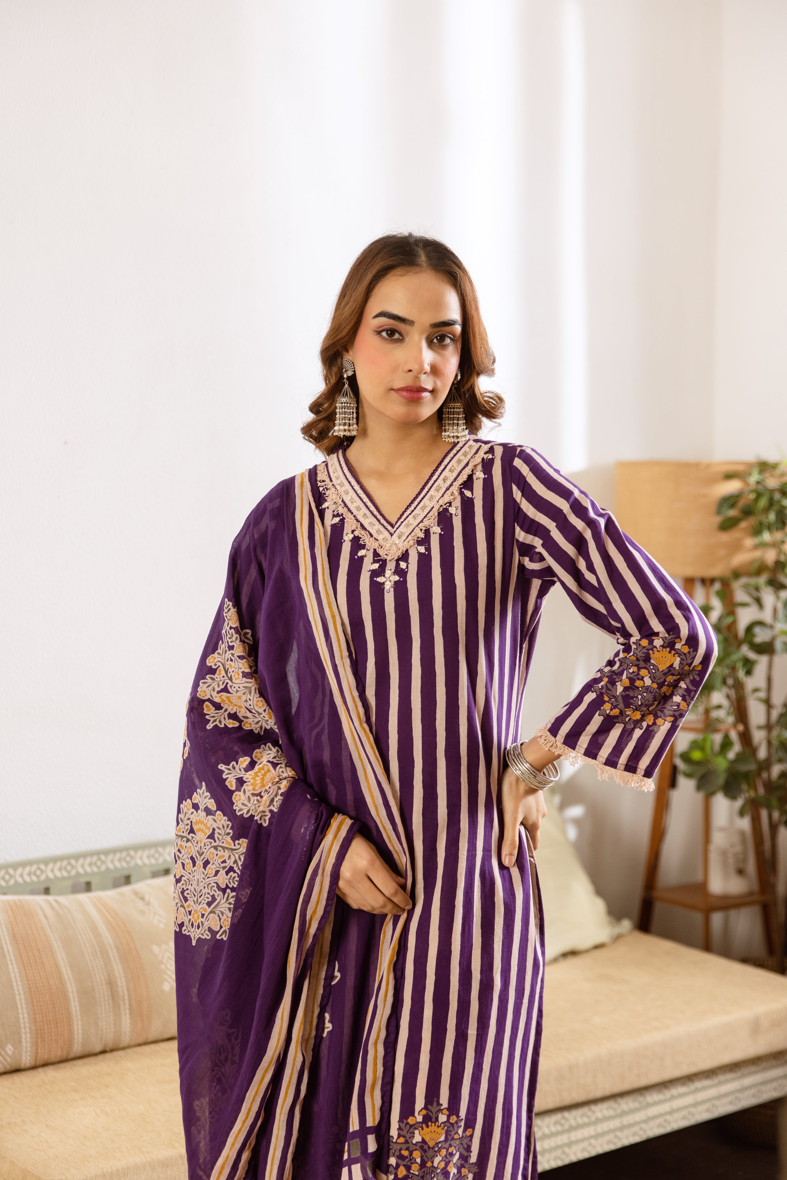 Vanya Pure Cotton Printed Purple Off-White 3-Piece Set (Devri – D.No 20031)