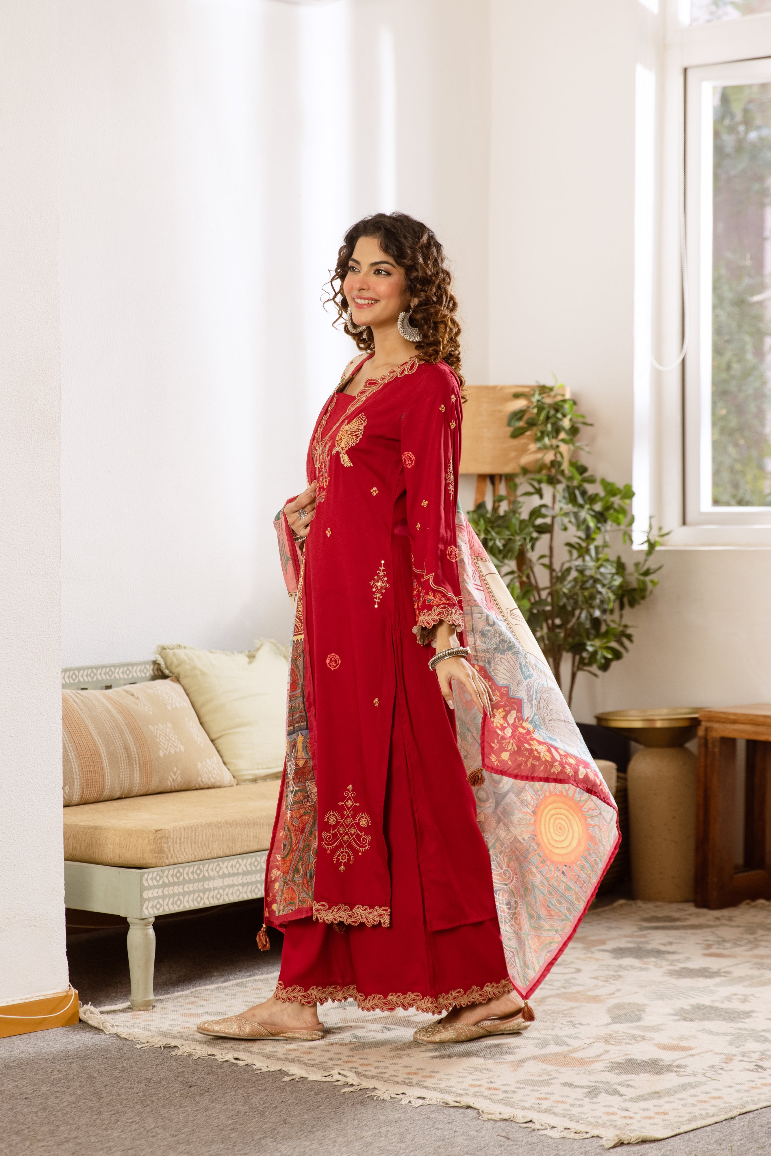 Kashika German Rayon Embroidered Wine 3-Piece Set (Devri – D.No 20032)