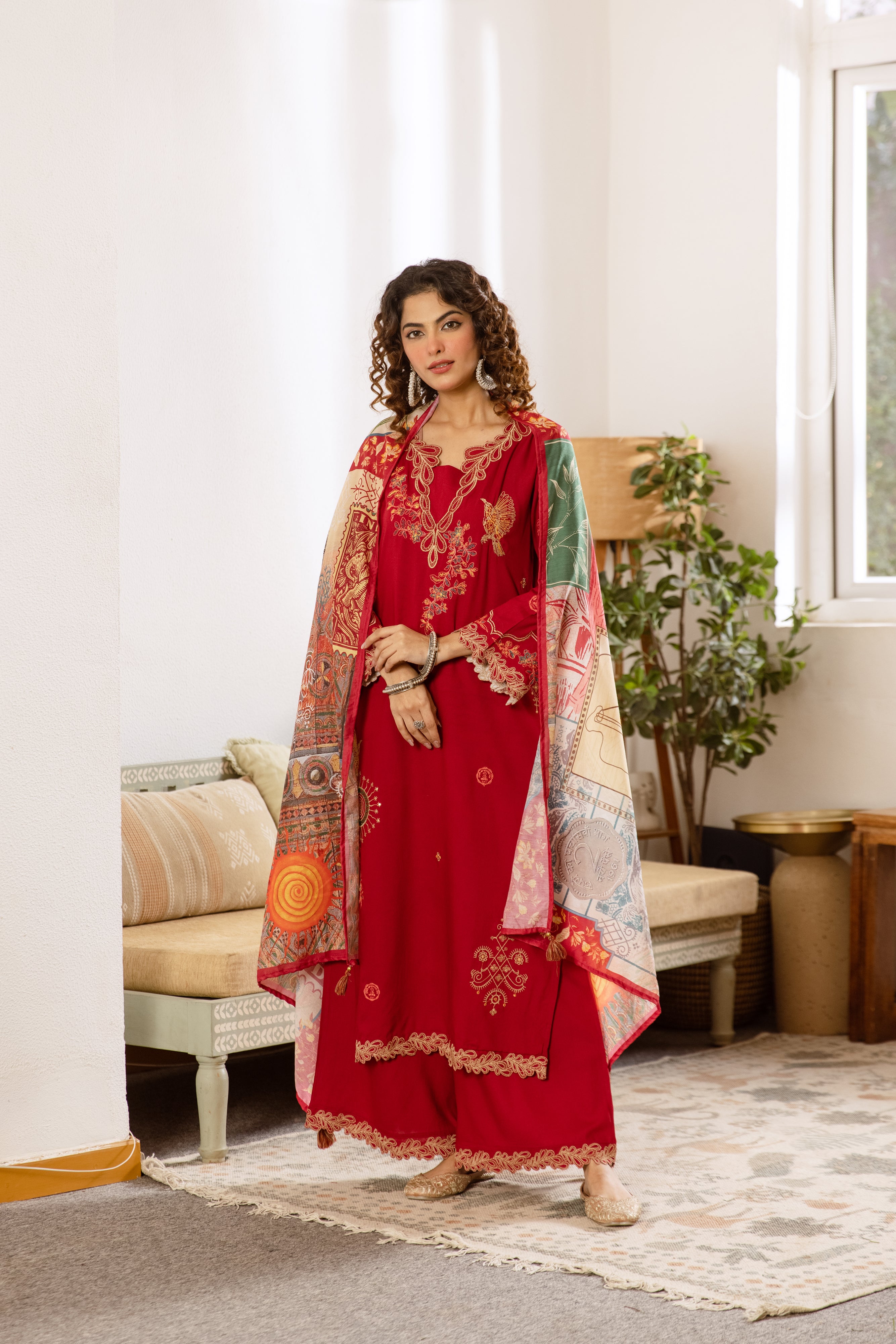 Kashika German Rayon Embroidered Wine 3-Piece Set (Devri – D.No 20032)