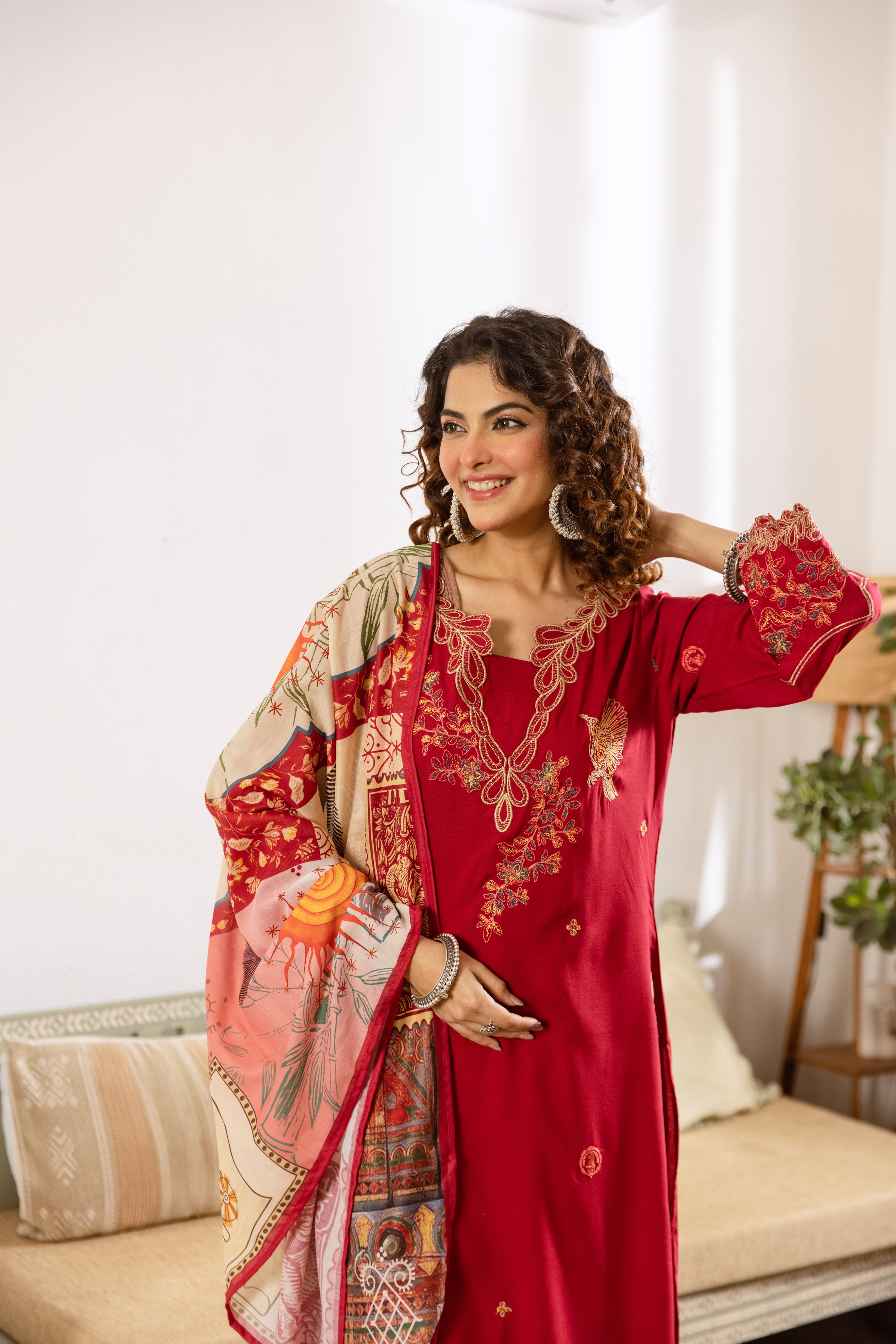 Kashika German Rayon Embroidered Wine 3-Piece Set (Devri – D.No 20032)