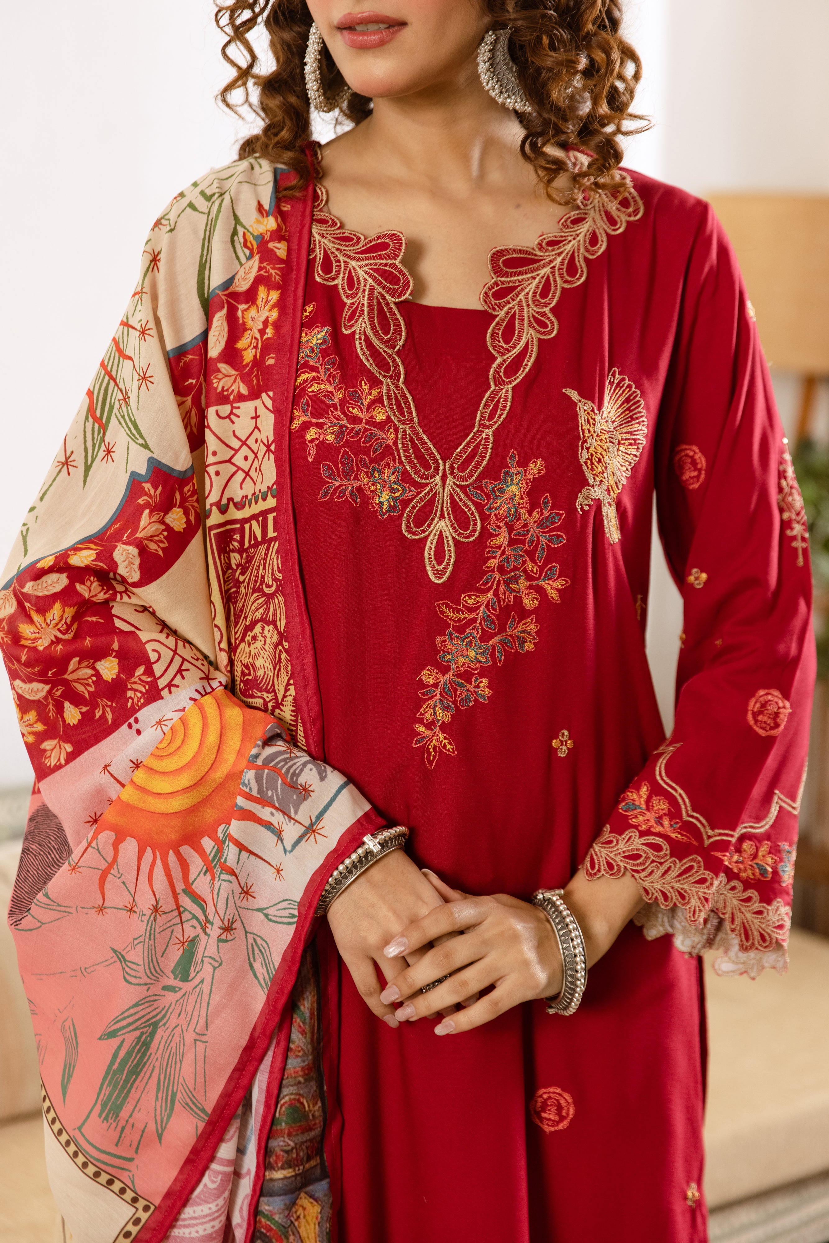 Kashika German Rayon Embroidered Wine 3-Piece Set (Devri – D.No 20032)