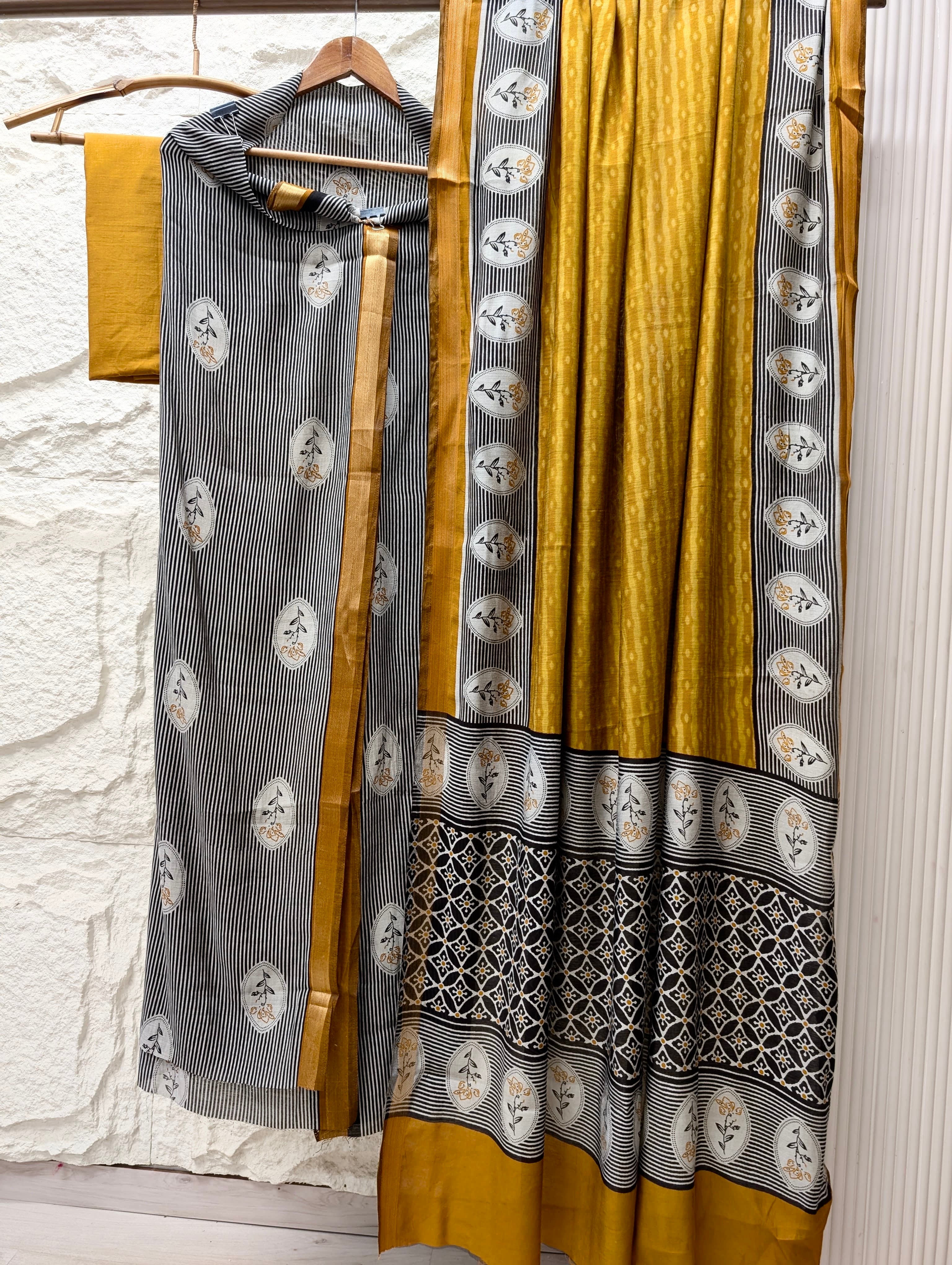 Black Maheshwari Silk Printed Unstitched 3-Piece Suit (Devri – D.No 13628)