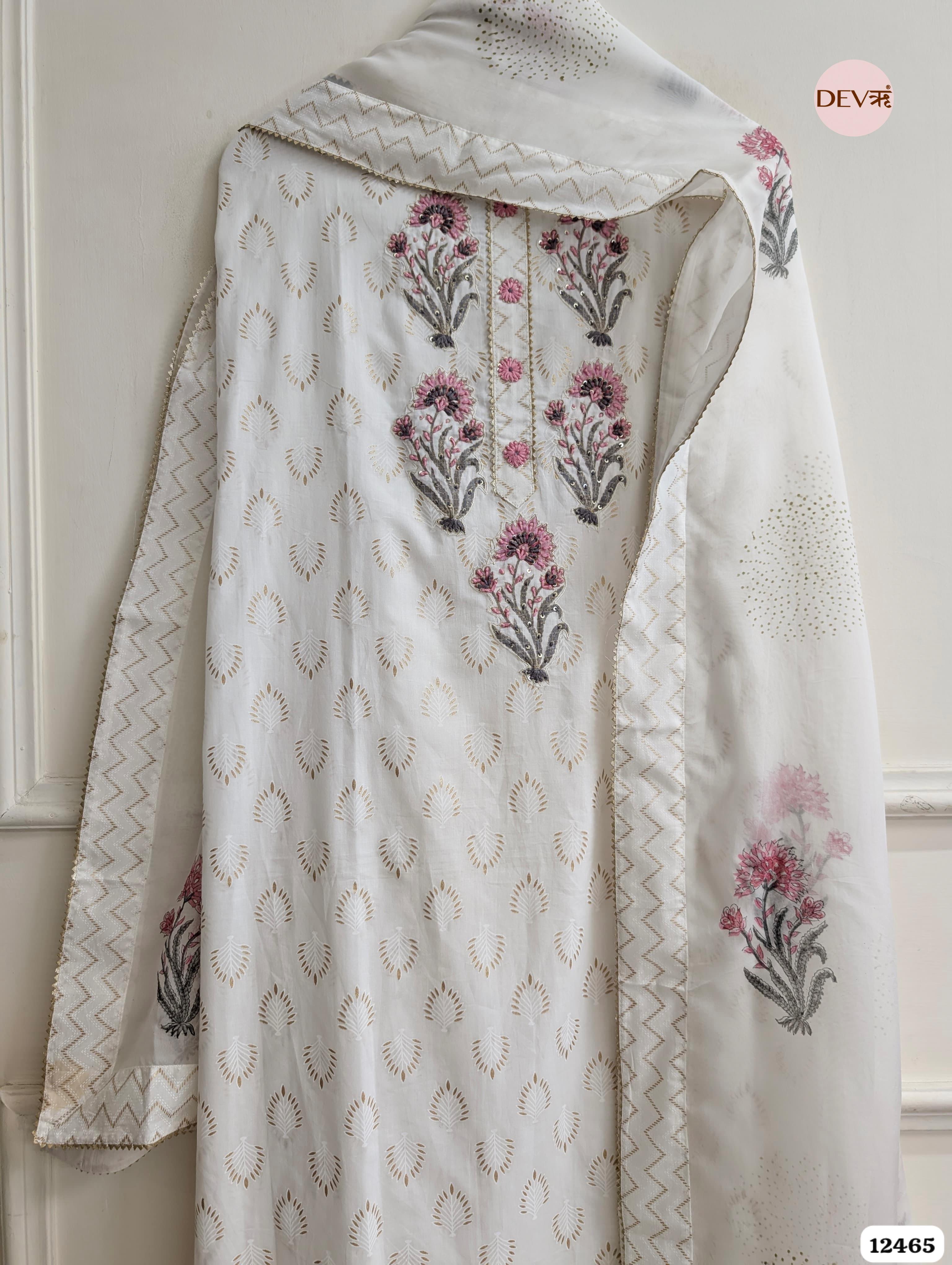White Cotton Embroidered Unstitched 3-Piece Suit (Devri – D.No. 12465)
