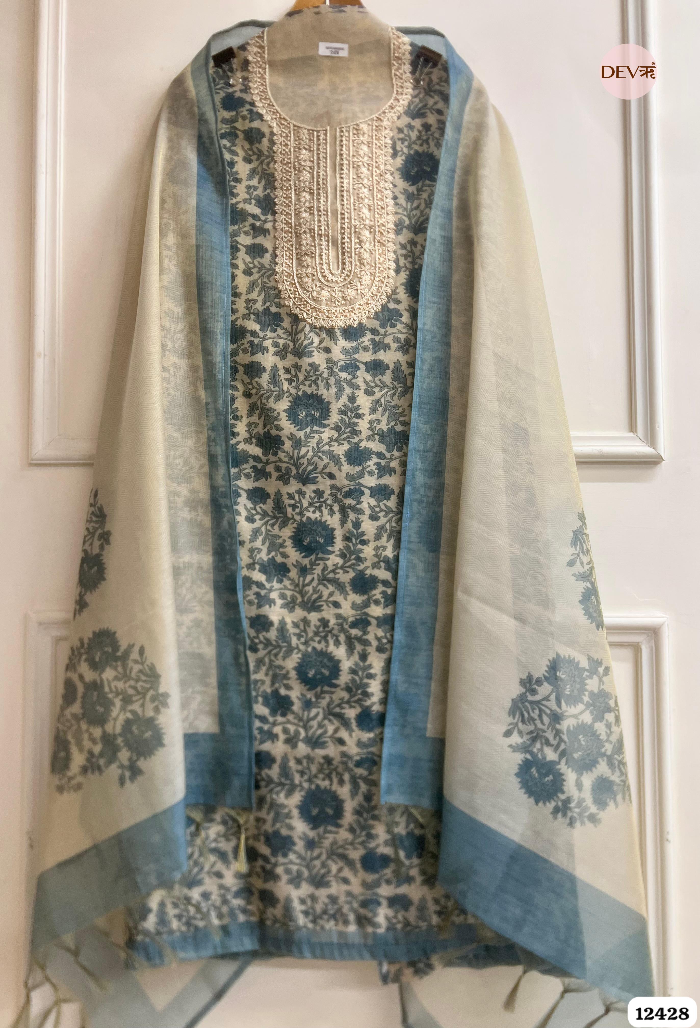Ivory Blue Pure Linen Tissue Printed Unstitched 3-Piece Suit (Devri – D.No. 12428)