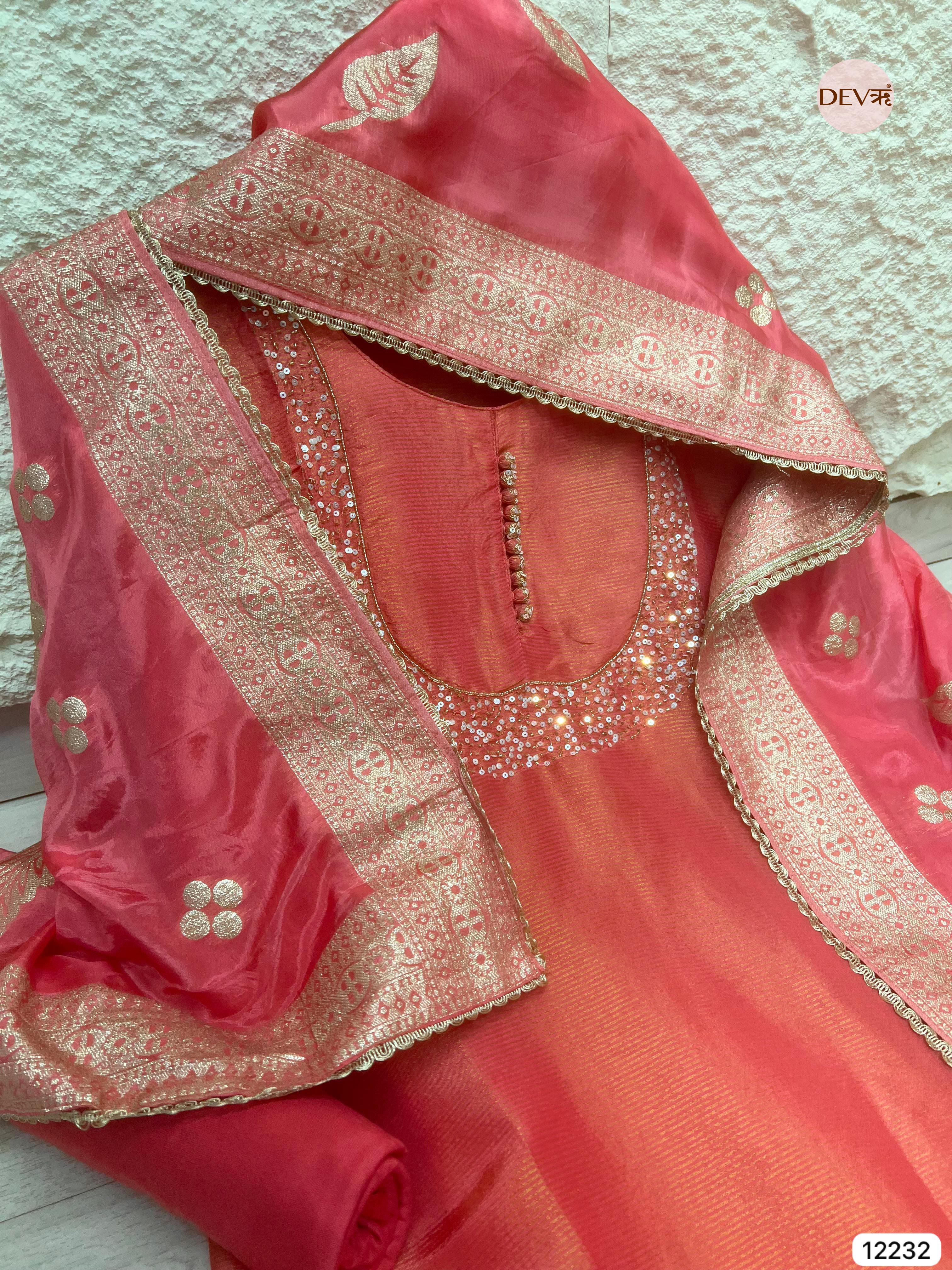 Peach–Pink Tissue Shimmer Silk Embroidered Unstitched 3-Piece Suit (Devri – D.No 12232)