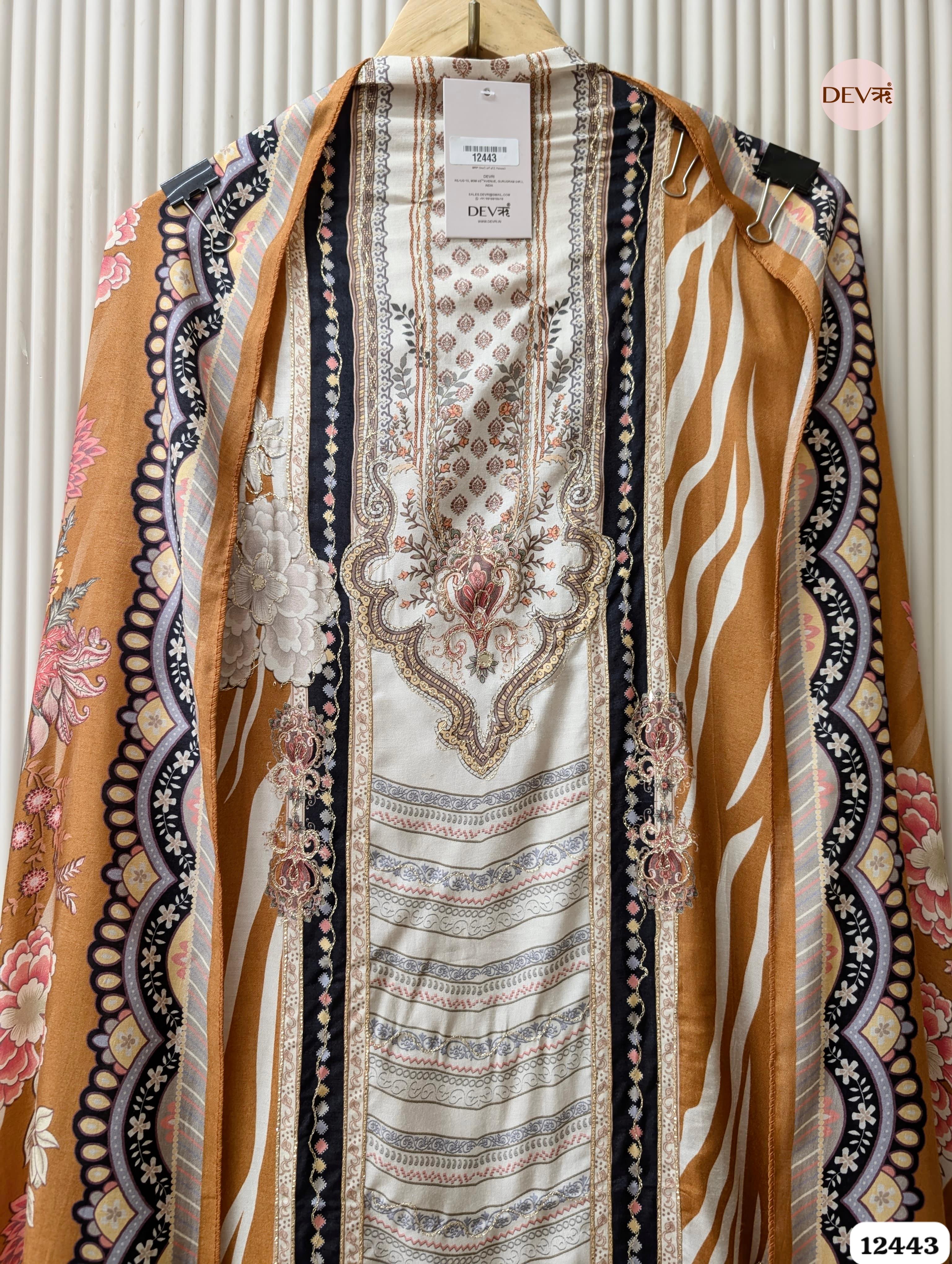 Rust Orange Muslin Digital Printed Unstitched 3-Piece Suit (Devri – D.No 12443)