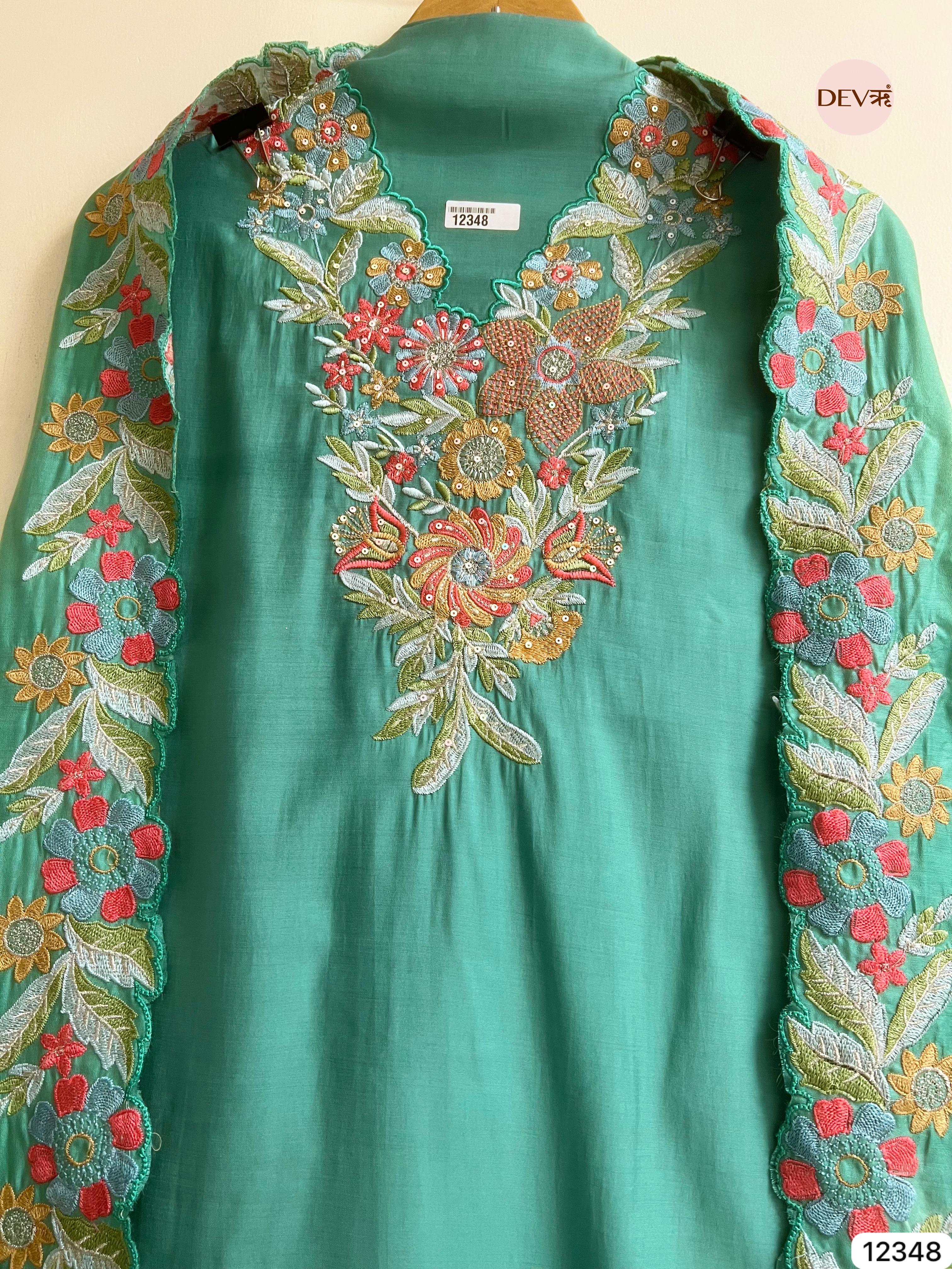 Teal Green Roman Silk Embroidered Unstitched 3-Piece Suit (Devri – D.No 12348)