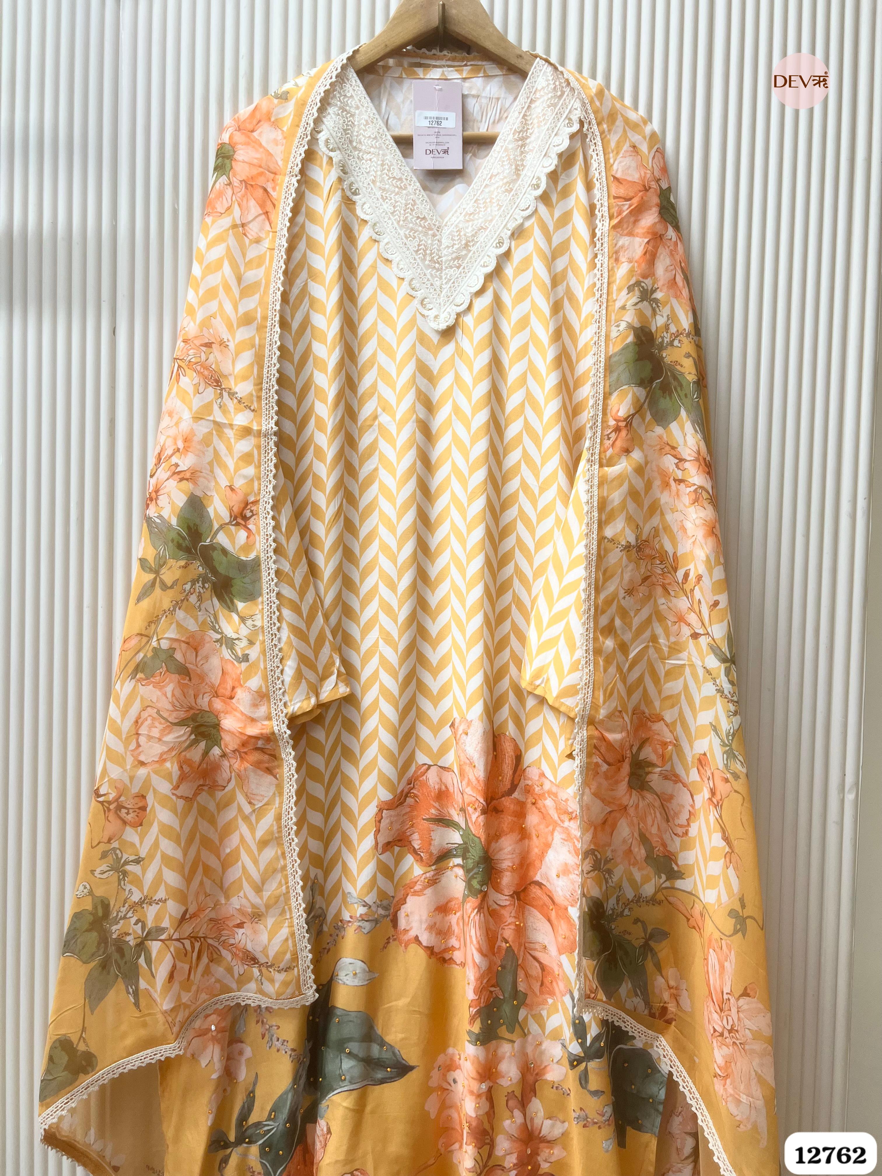 Yellow and Peach Muslin Printed Unstitched 3-Piece Suit (Devri – D.No 12762)