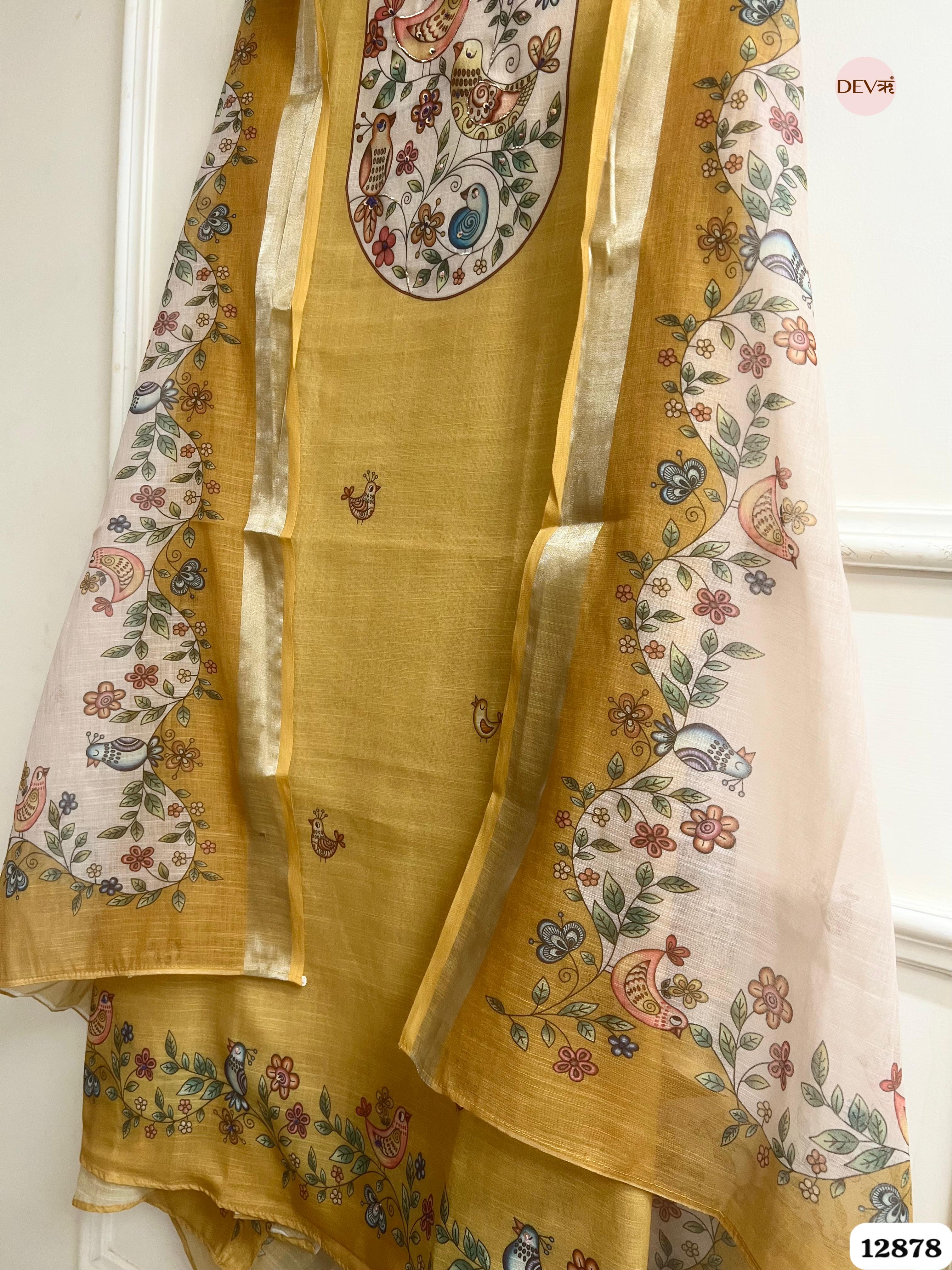Mustard Yellow Linen Cotton Printed Unstitched 3-Piece Suit (Devri – D.No 12878)
