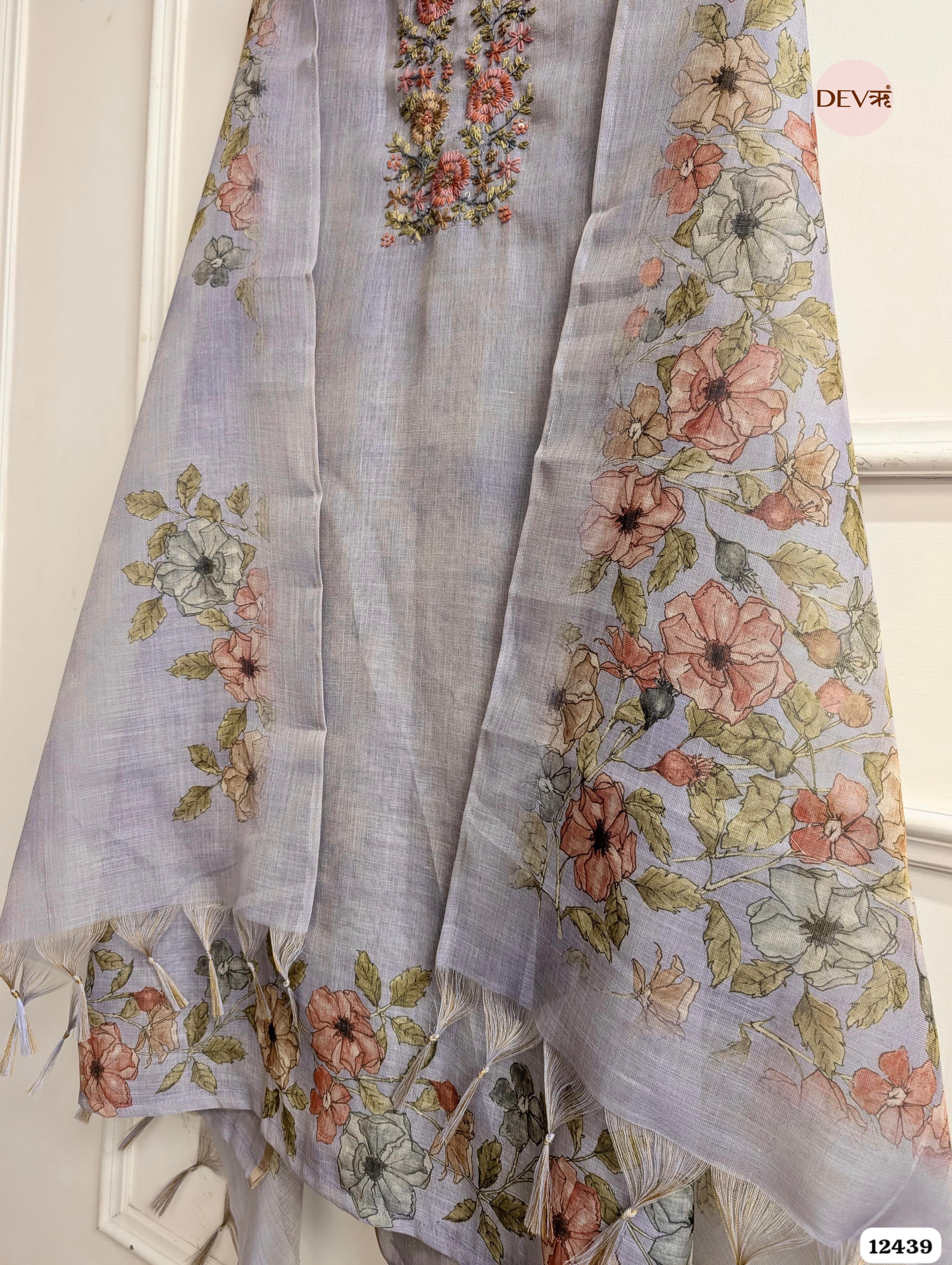 Lavender Linen Embroidered Unstitched 3-Piece Suit (Devri – D.No.12439)