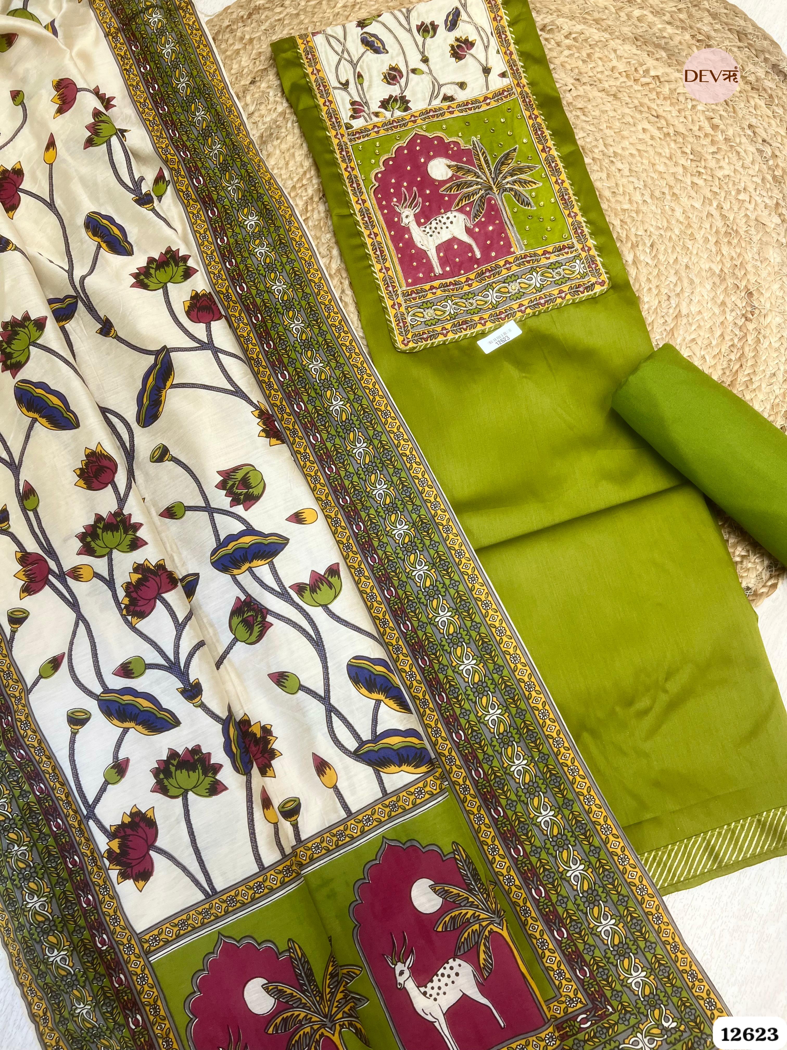 Olive Green Cotton Printed Unstitched 3-Piece Suit (Devri – D.No 12623)
