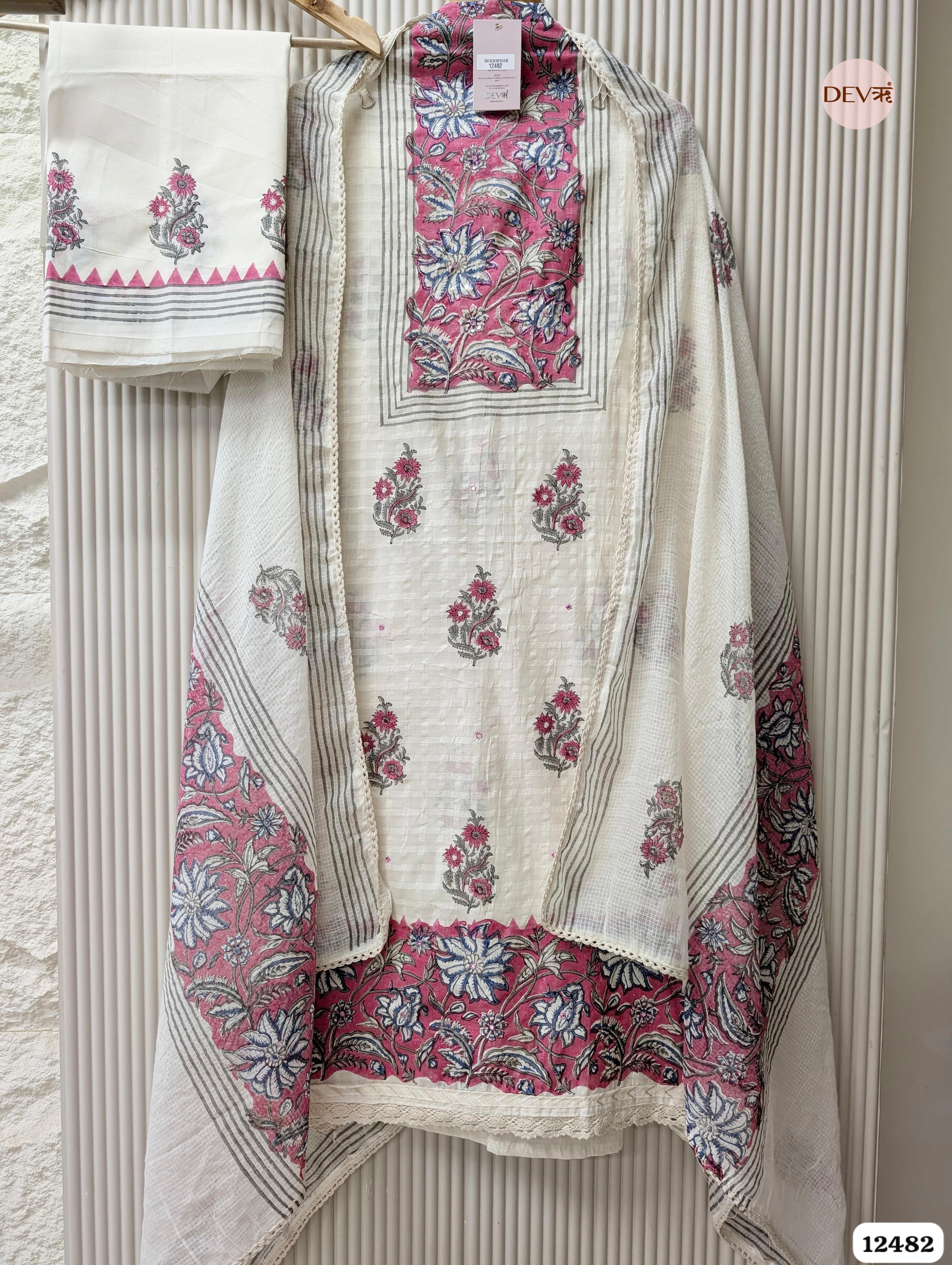 white & Pink Pure Cotton Printed Unstitched 3-Piece Suit (Devri – D.No 12482)