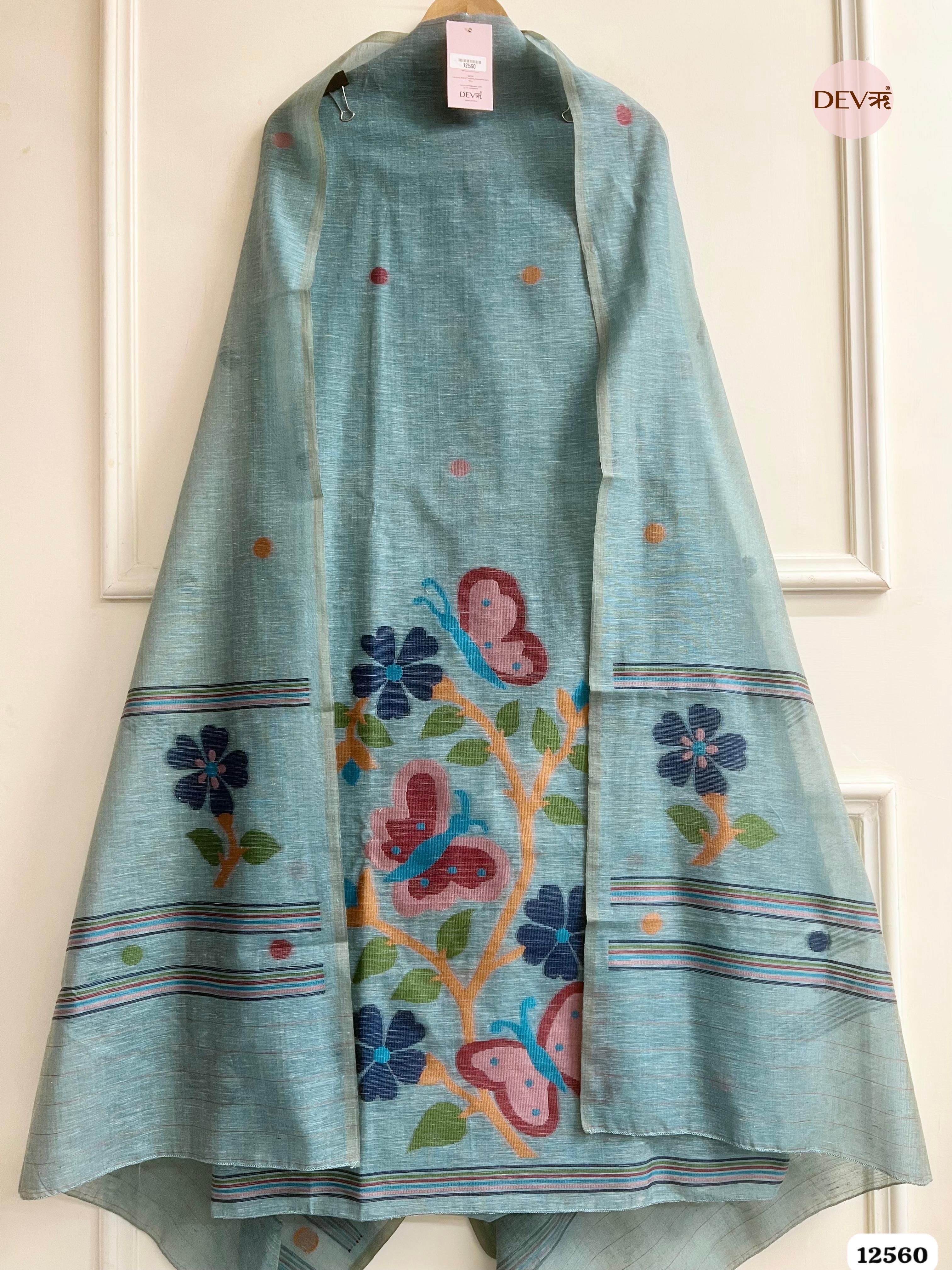 teal Linen Printed Unstitched 3-Piece Suit (Devri – D.No 12560)