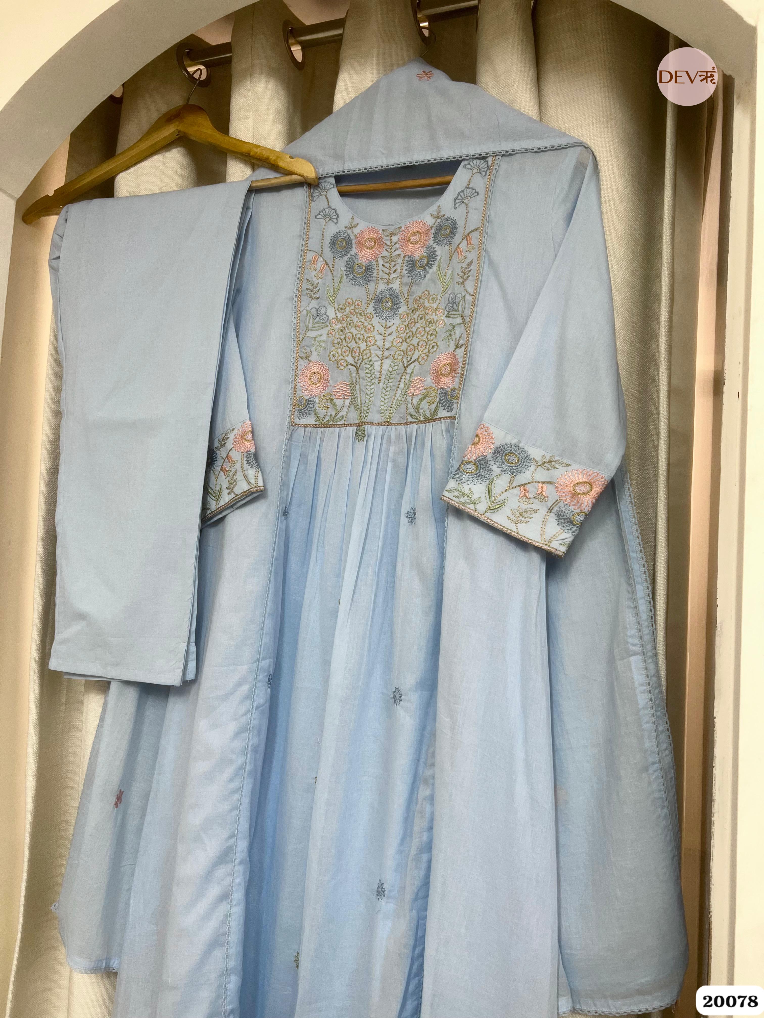 Aarya Cotton Embroidered Powder Blue 3-Piece Set (Devri – D.No 20078)