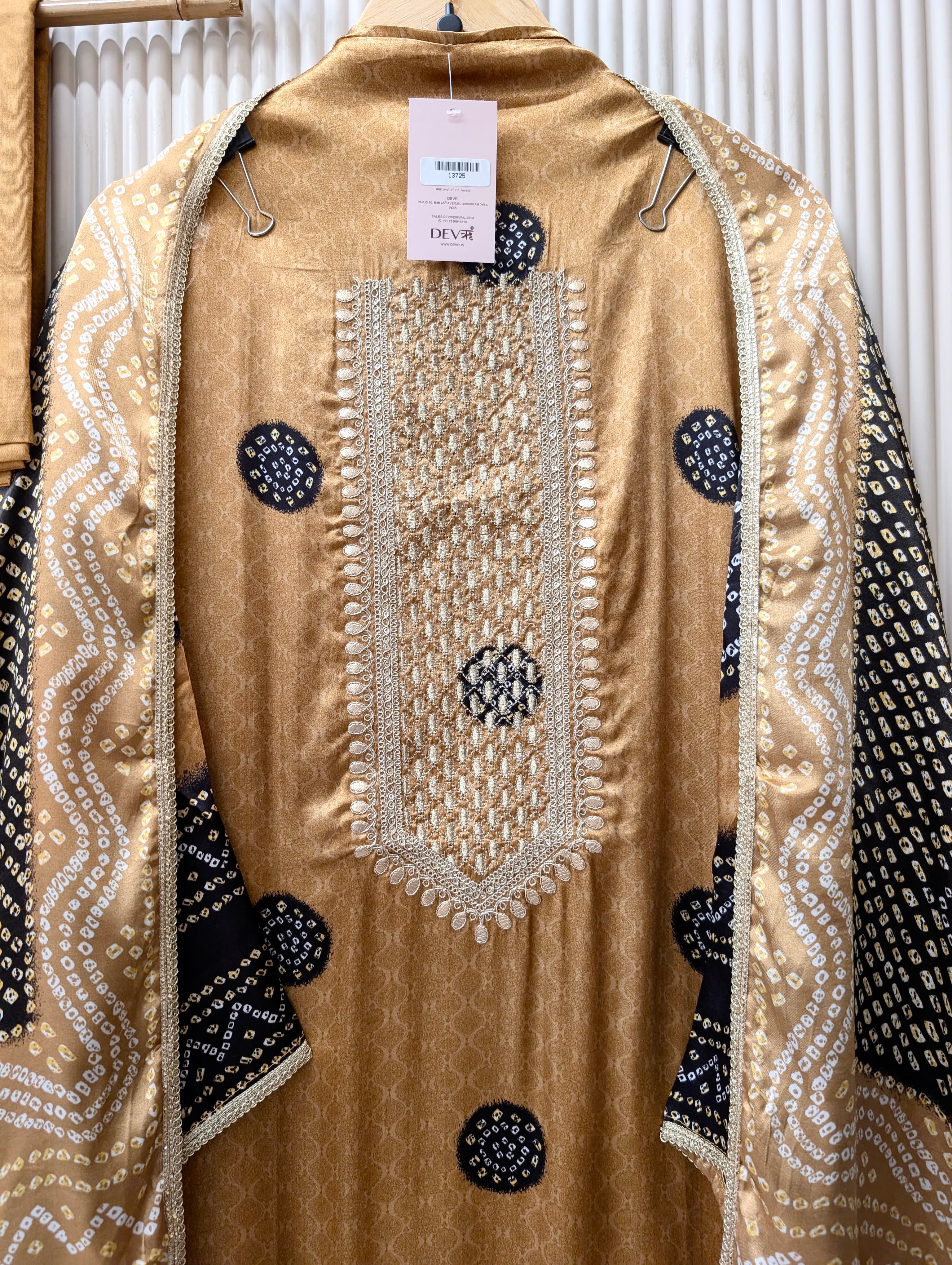 Beige Gajji Silk Printed Unstitched 3-Piece Suit (Devri – D.No 13725)