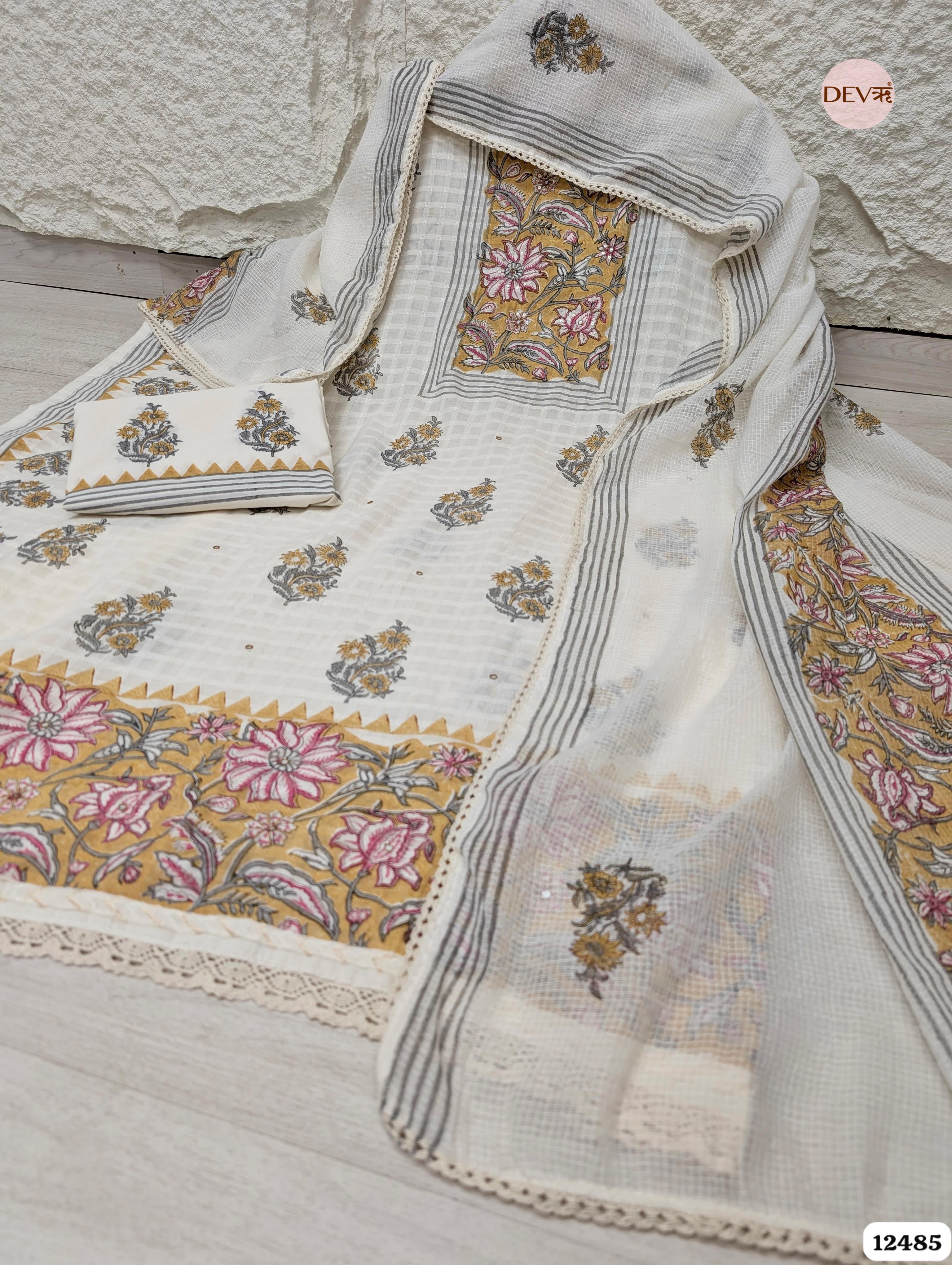 white & Yellow Pure Cotton Printed Unstitched 3-Piece Suit (Devri – D.No 12485)