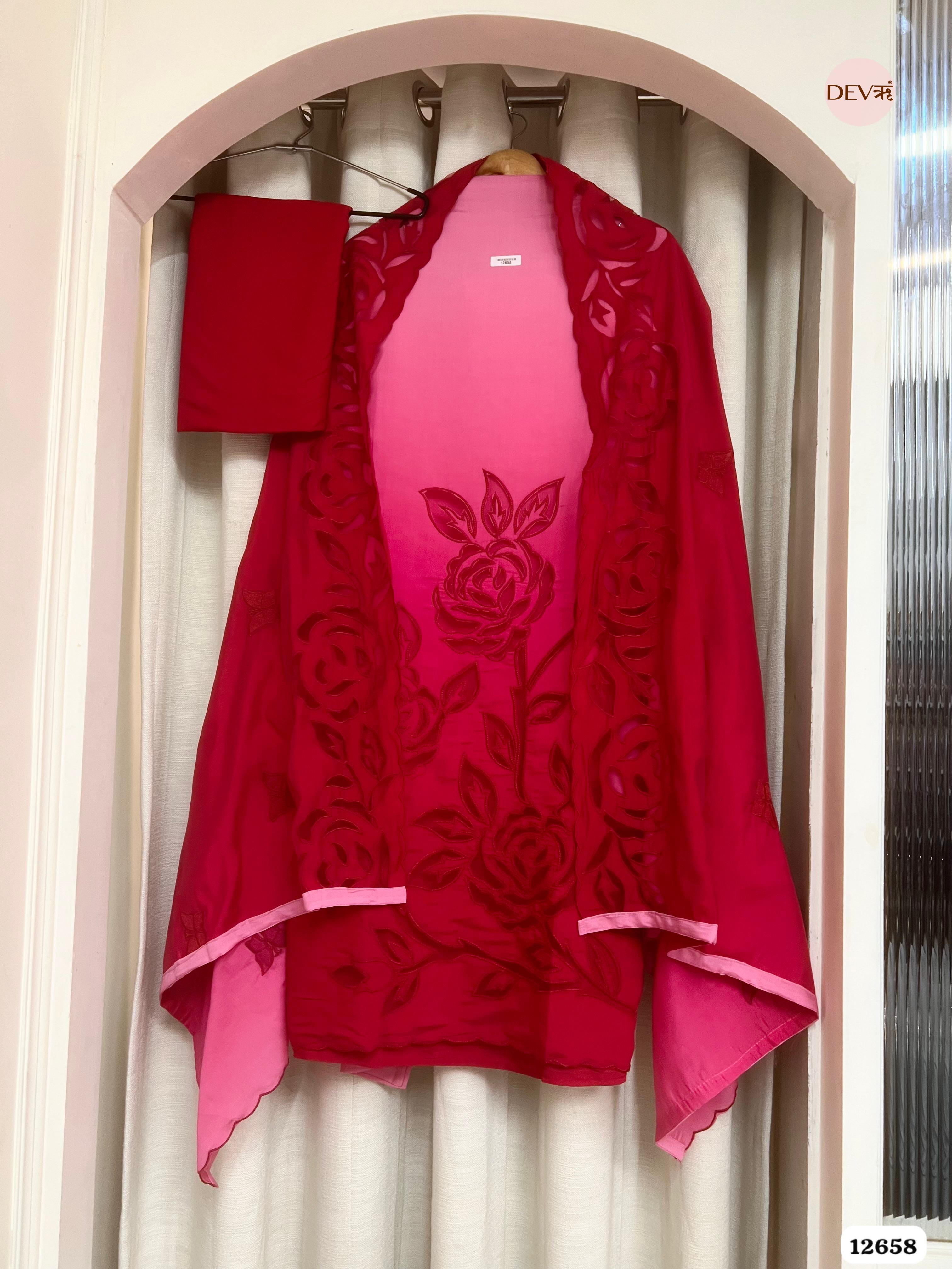 Ombre Pink Mul Chanderi Embroidered Unstitched 3-Piece Suit (Devri – D.No 12658)