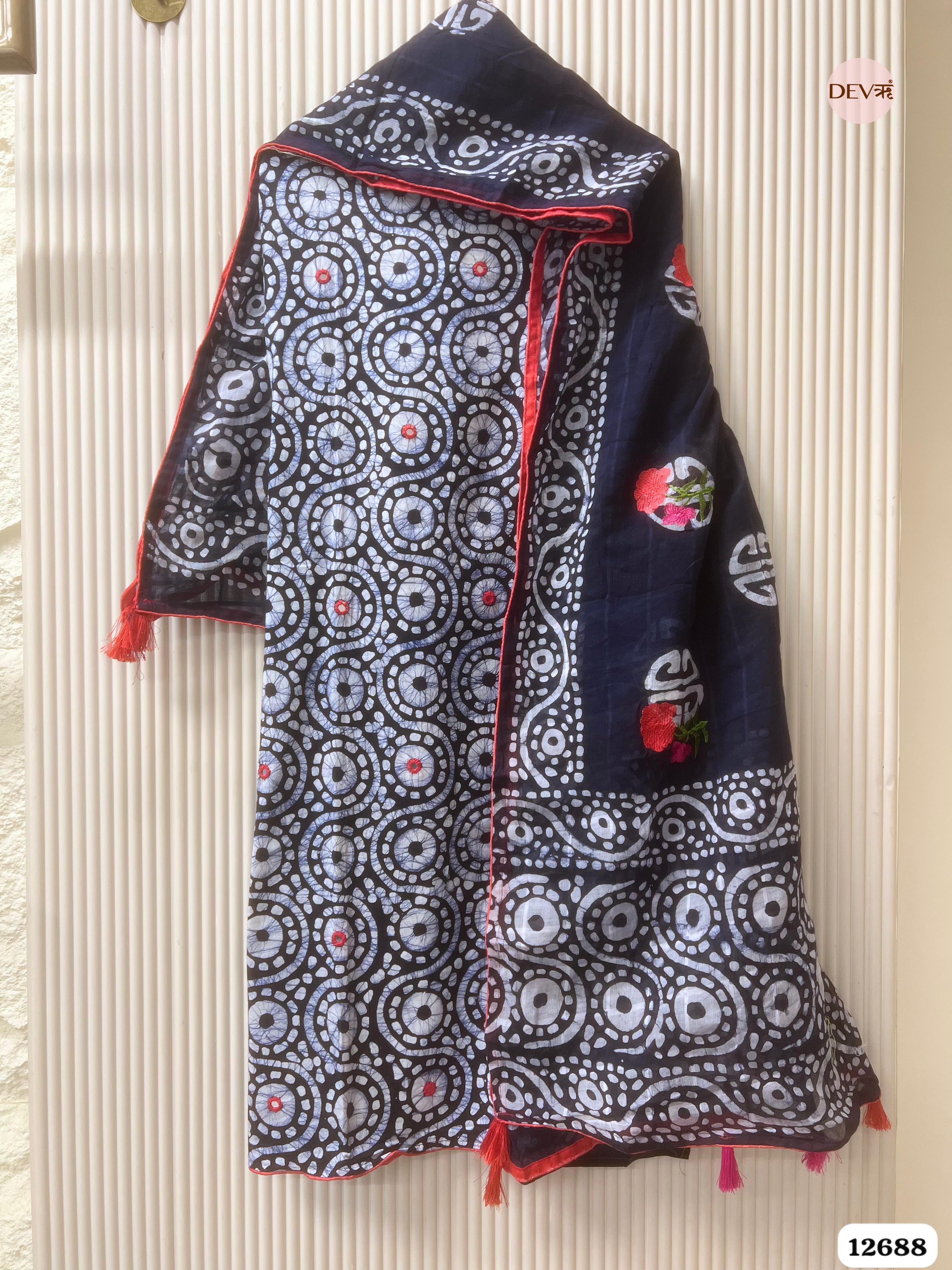 Navy Blue Cotton Batik Printed Unstitched 3-Piece Suit (Devri – D.No 12688)