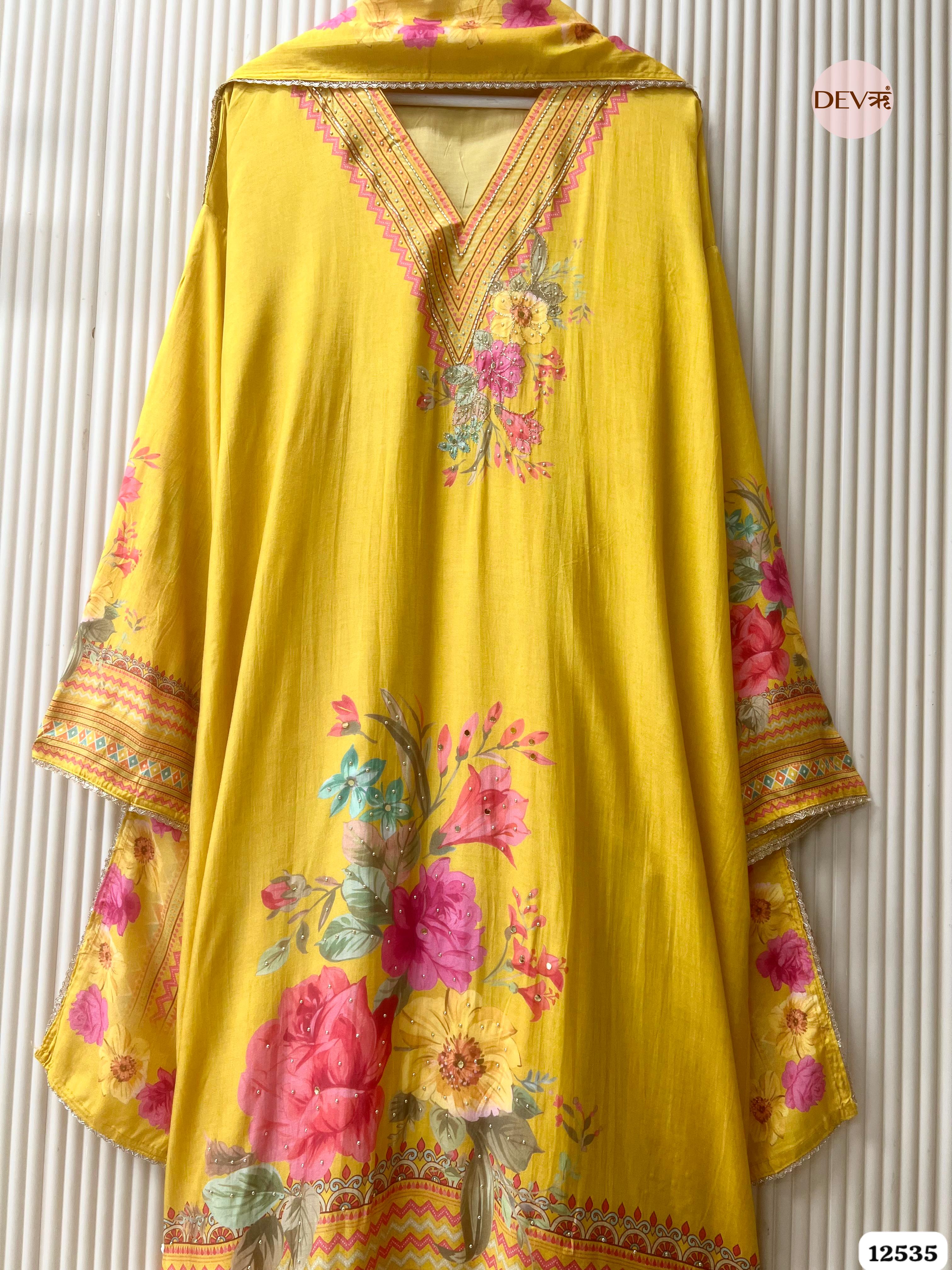 Yellow Muslin Printed Unstitched 3-Piece Suit (Devri – D.No. 12535)