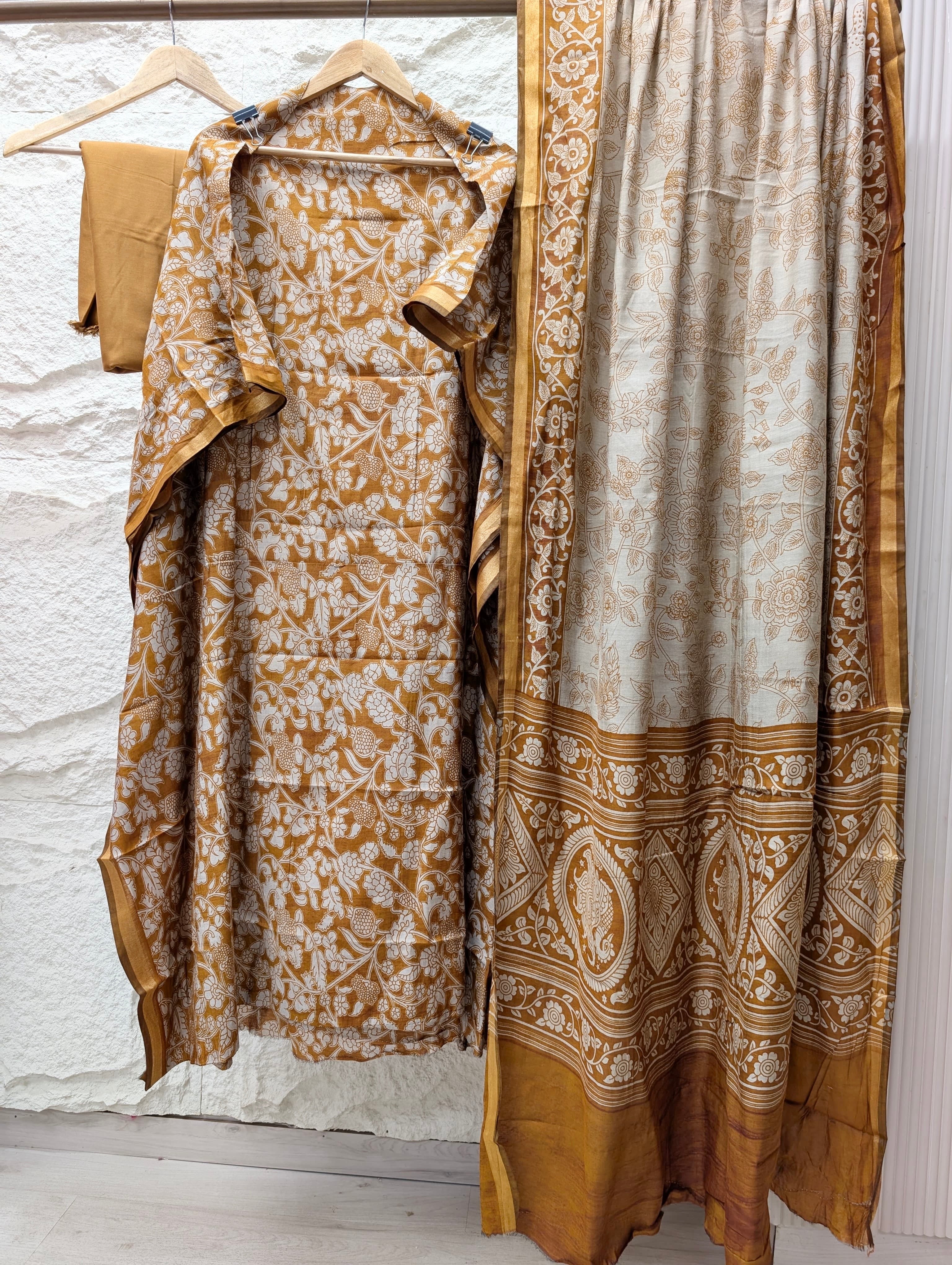 Mustard Maheshwari Silk Printed Unstitched 3-Piece Suit (Devri – D.No 13606)