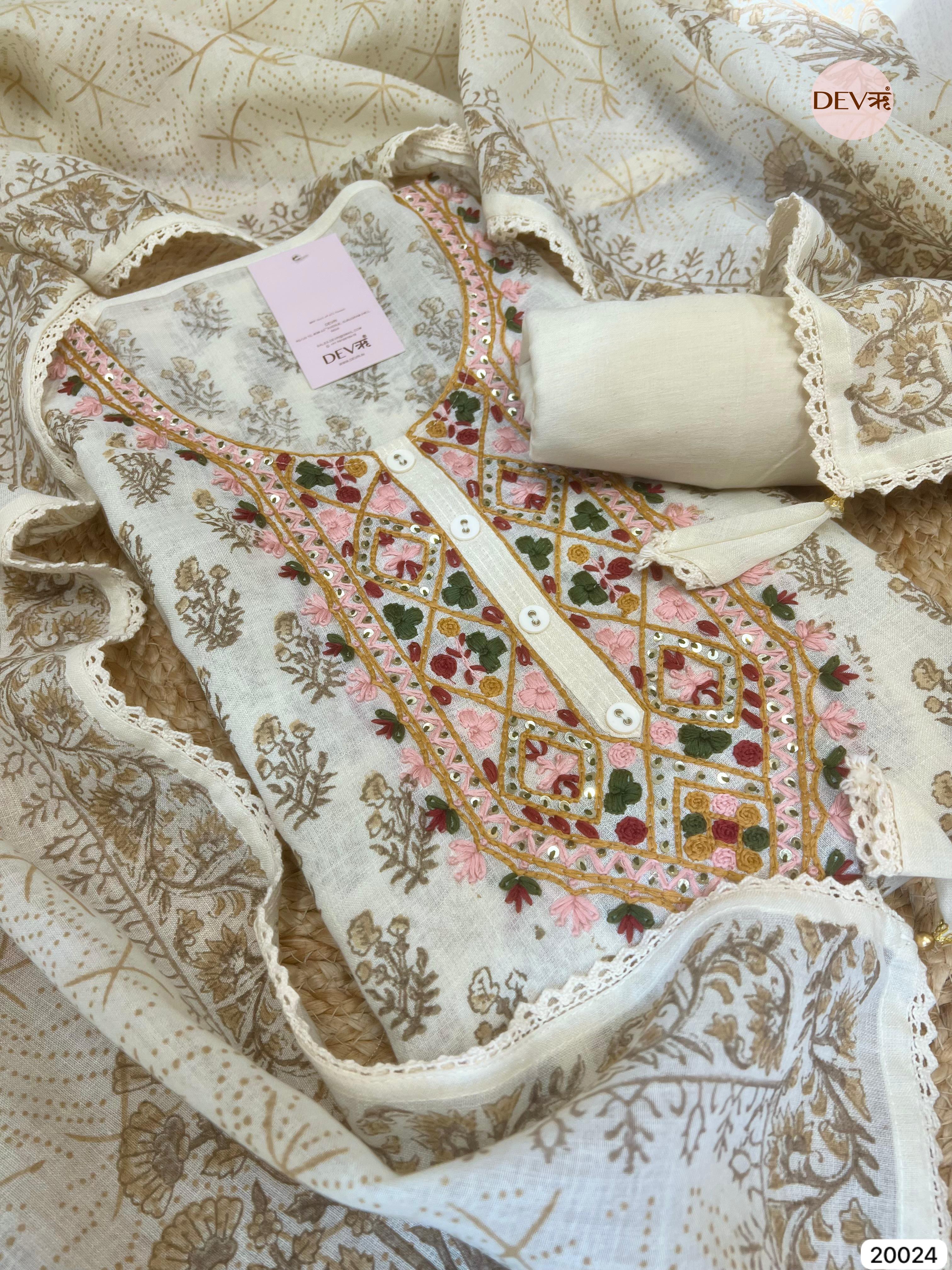 Ivory Pure Linen Cotton Embroidered Unstitched 3-Piece Suit (Devri – D.No .20024 )