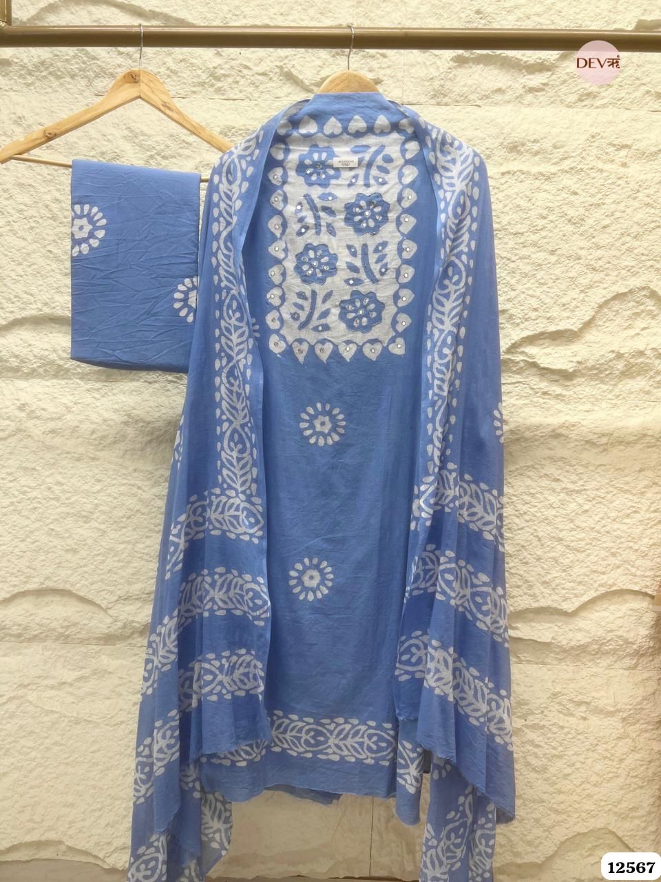 Blue Cotton Printed Unstitched 3-Piece Suit (Devri – D.No 12567)