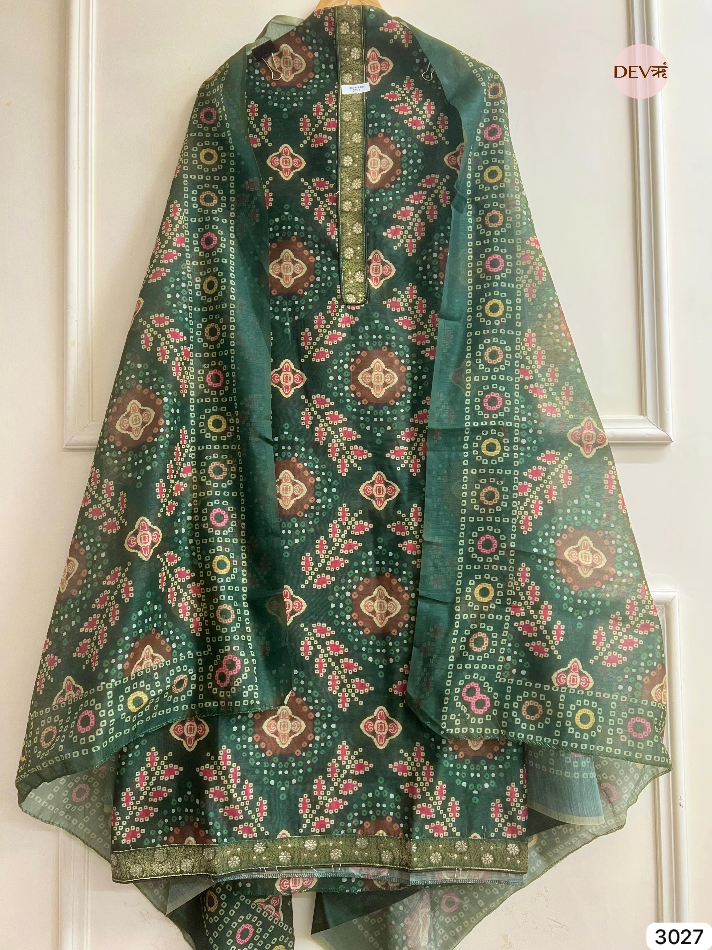 Green Mul Chanderi Embroidered Unstitched 3-Piece Suit (Devri – D.No 3027)