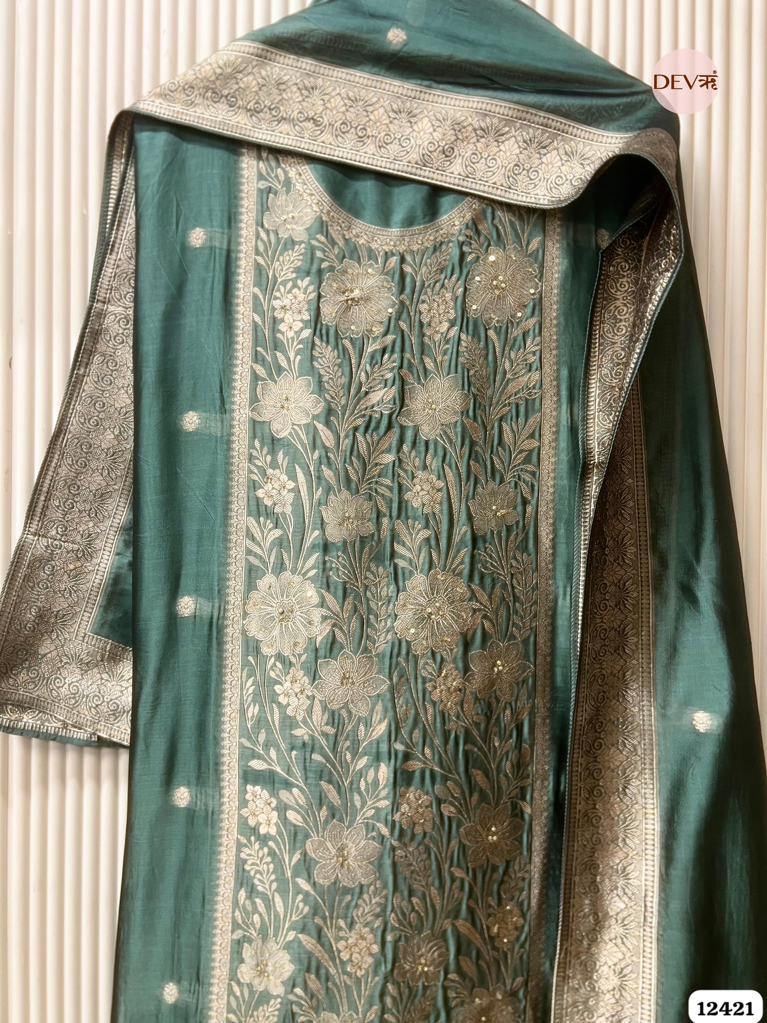Teal Banarasi Silk Embroidered Unstitched 3-Piece Suit (Devri – D.No. 12421 )