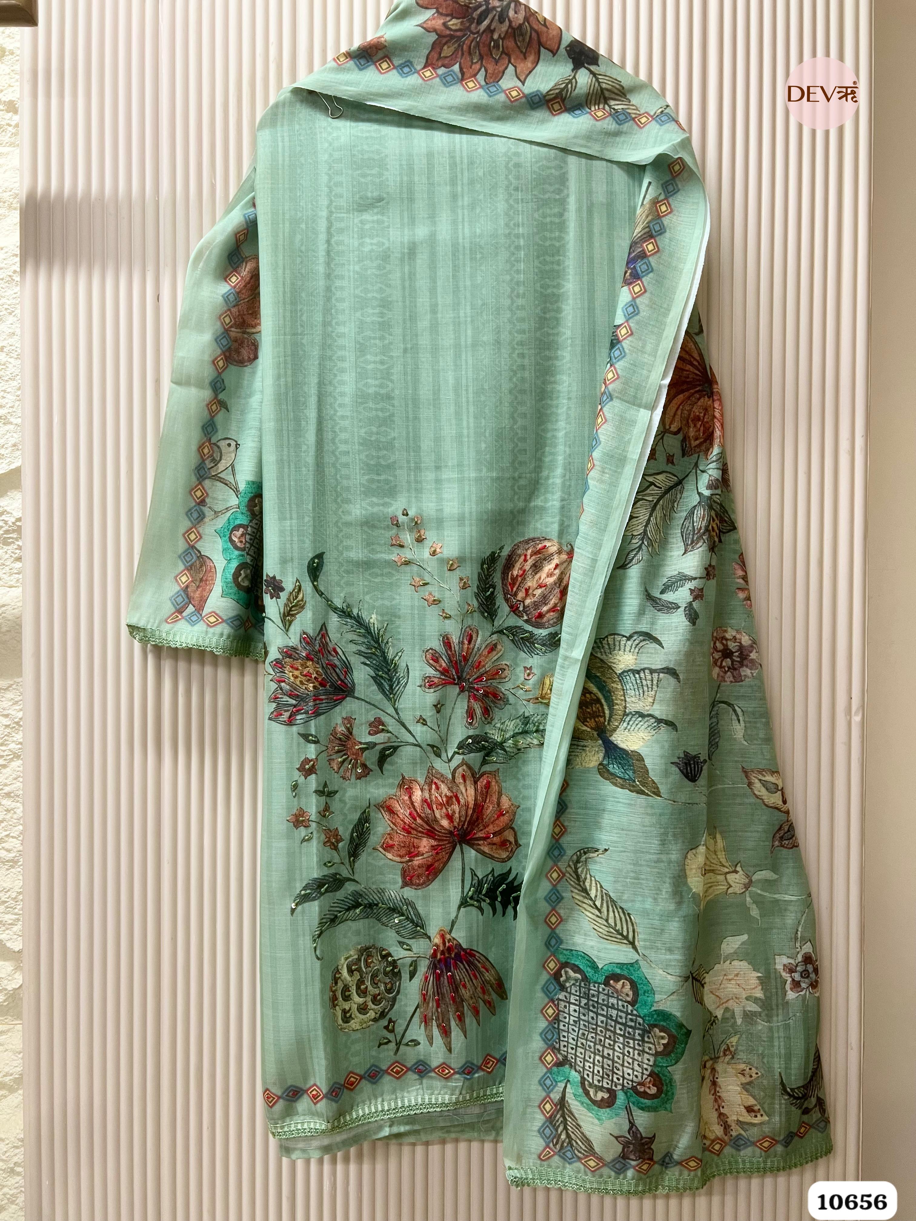 Mint Green Linen Printed Unstitched 3-Piece Suit (Devri – D.No. 10656)
