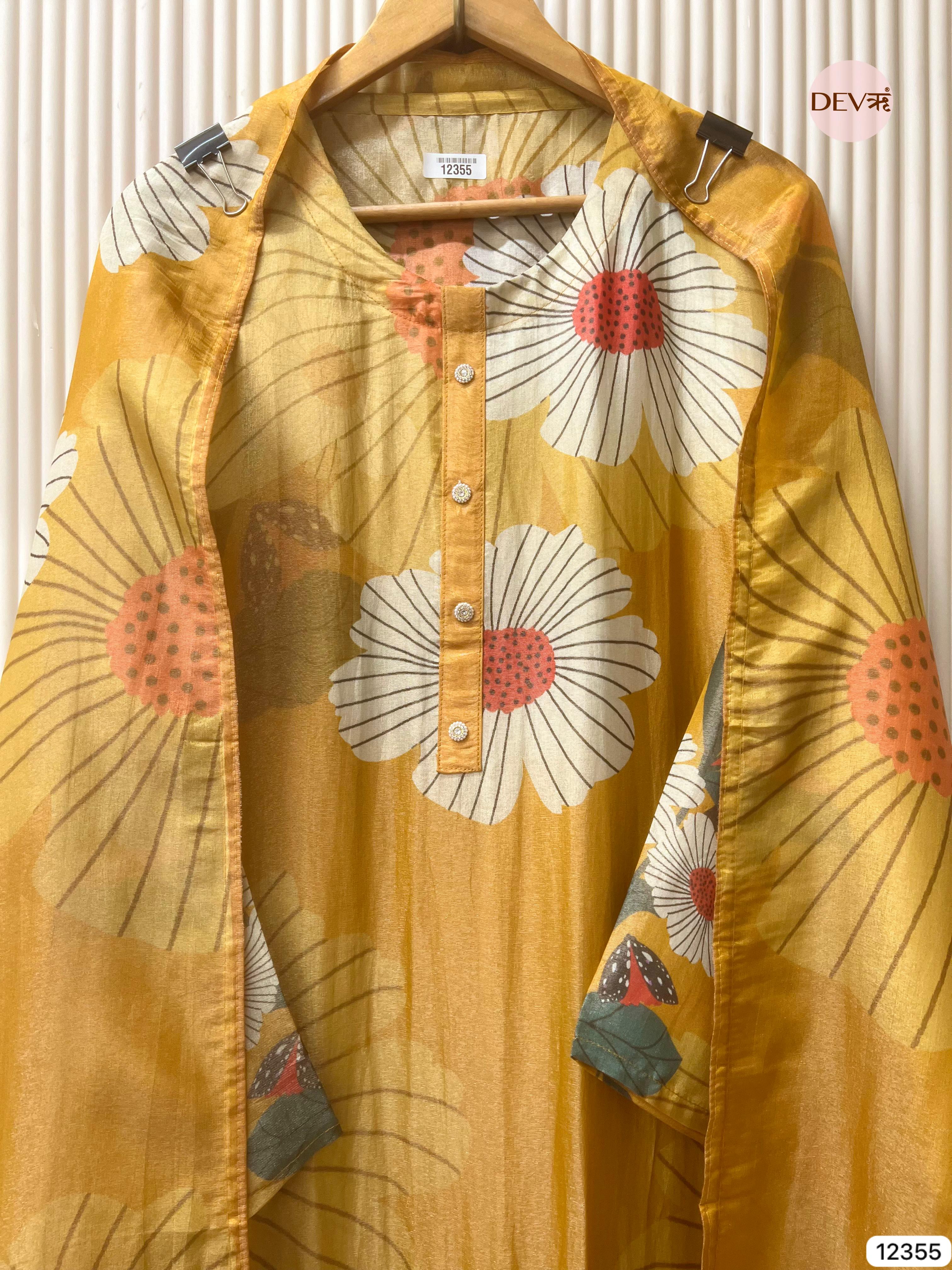 Mustard Yellow Shimmer Silk Printed Unstitched 3-Piece Suit (Devri – D.No 12355)