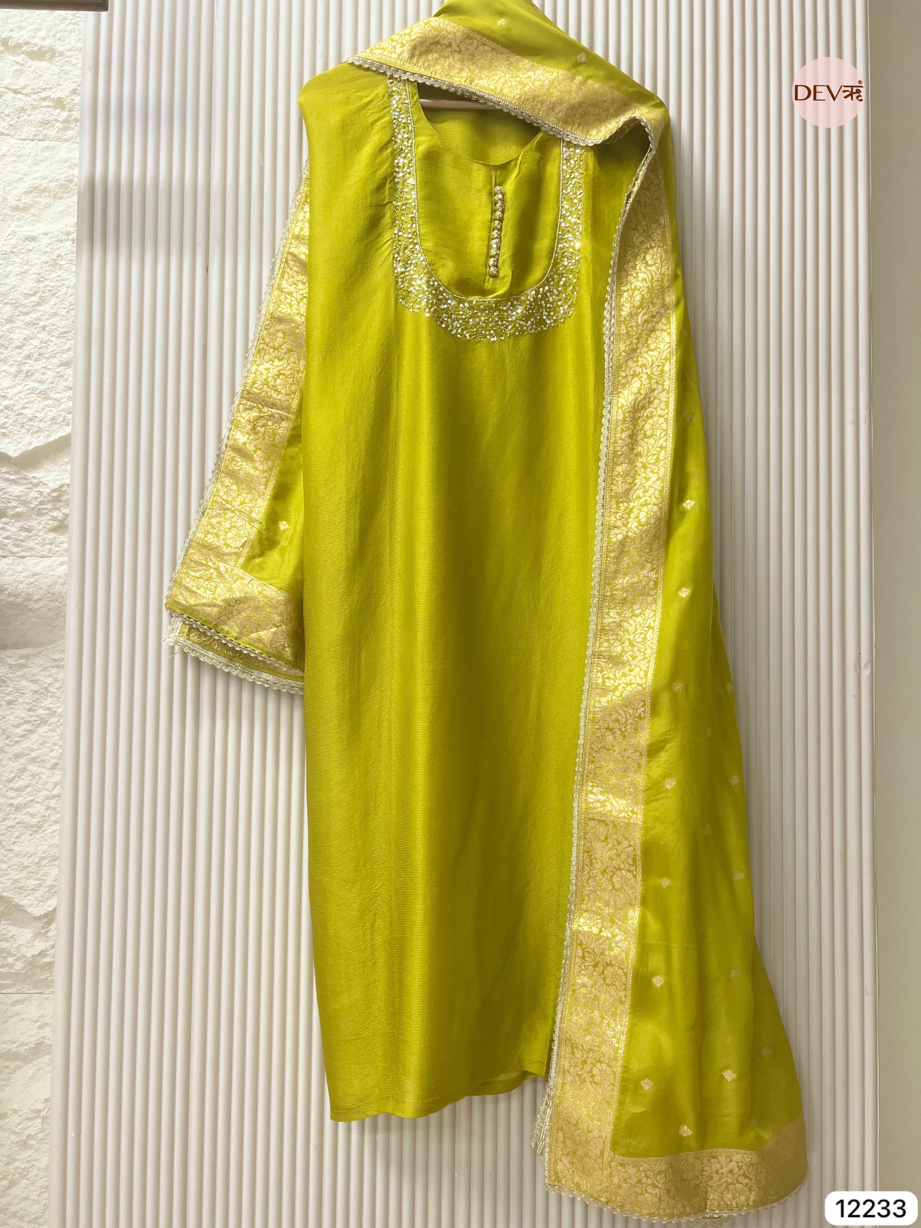 Lime Tissue Shimmer Silk Embroidered Unstitched 3-Piece Suit (Devri – D.No 12233)