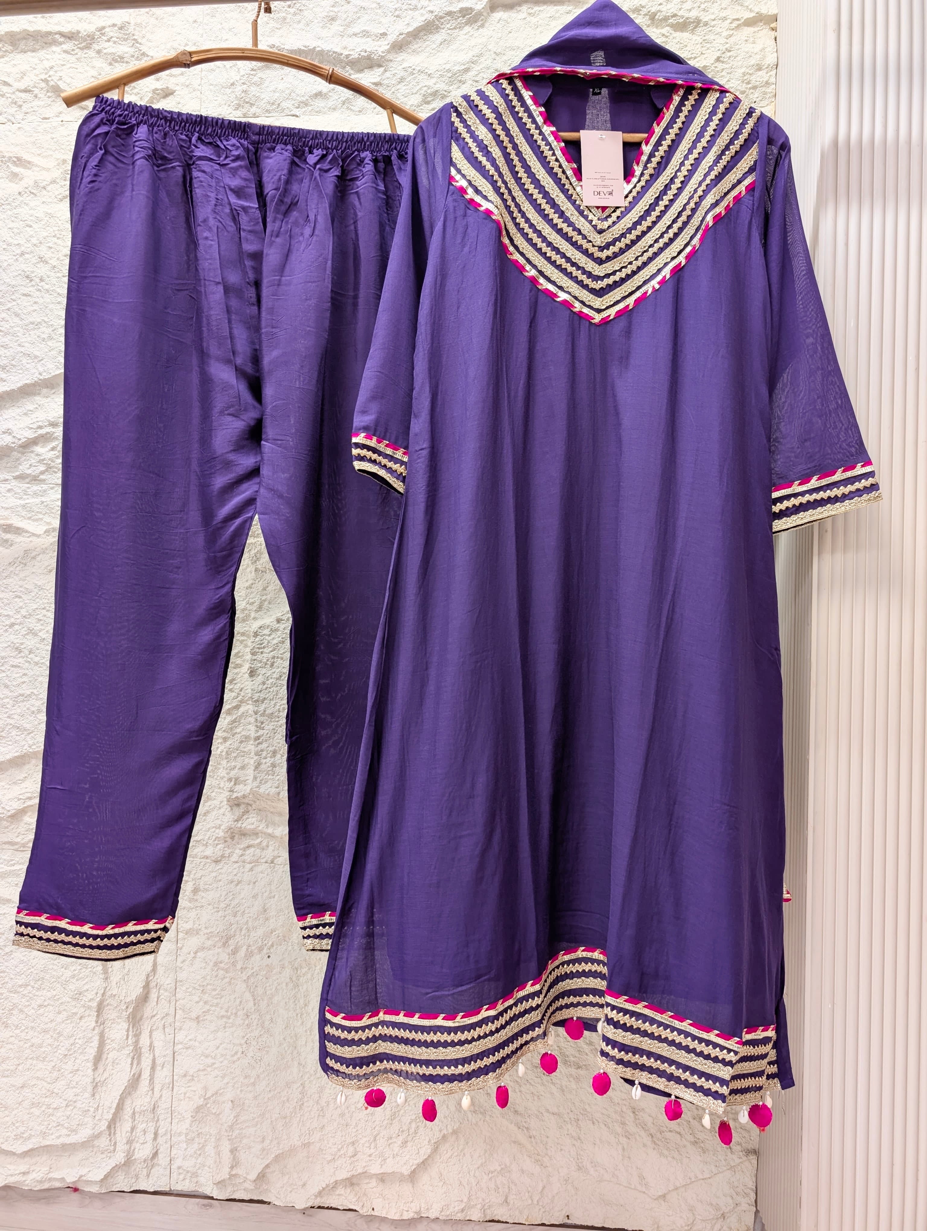 Meher Mul Chanderi Embroidered Purple 3-Piece Set (Devri – D.No 13732)