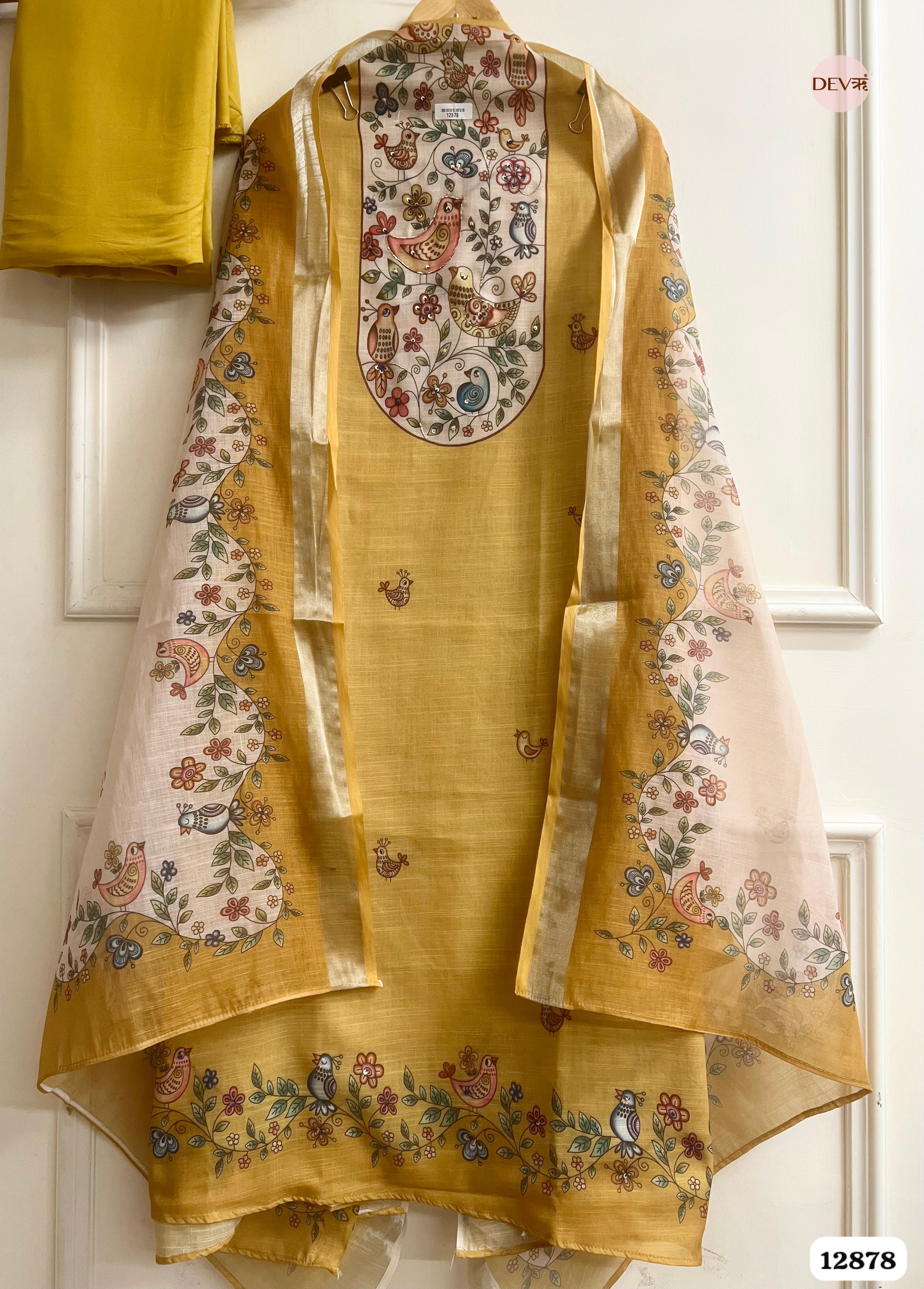 Mustard Yellow Linen Cotton Printed Unstitched 3-Piece Suit (Devri – D.No 12878)