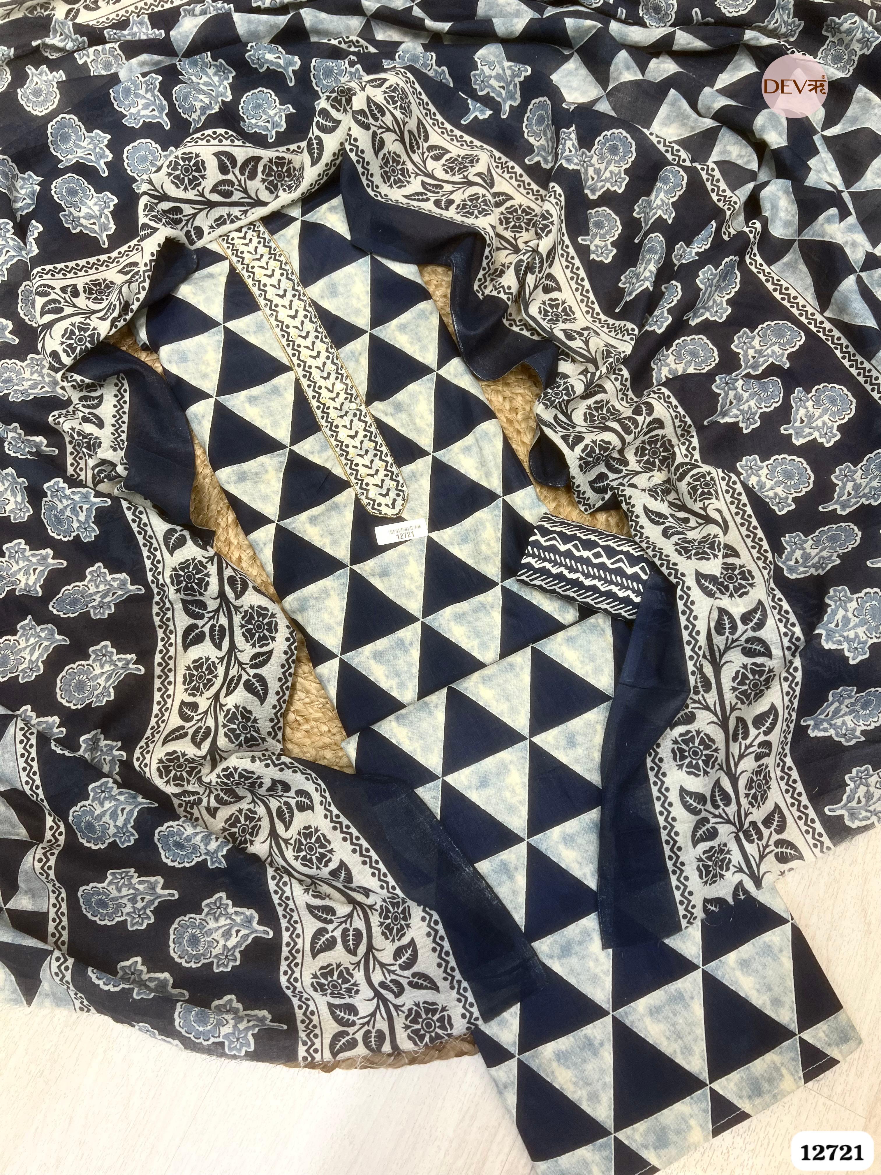 Indigo Cotton Printed Unstitched 3-Piece Suit (Devri – D.No 12721)