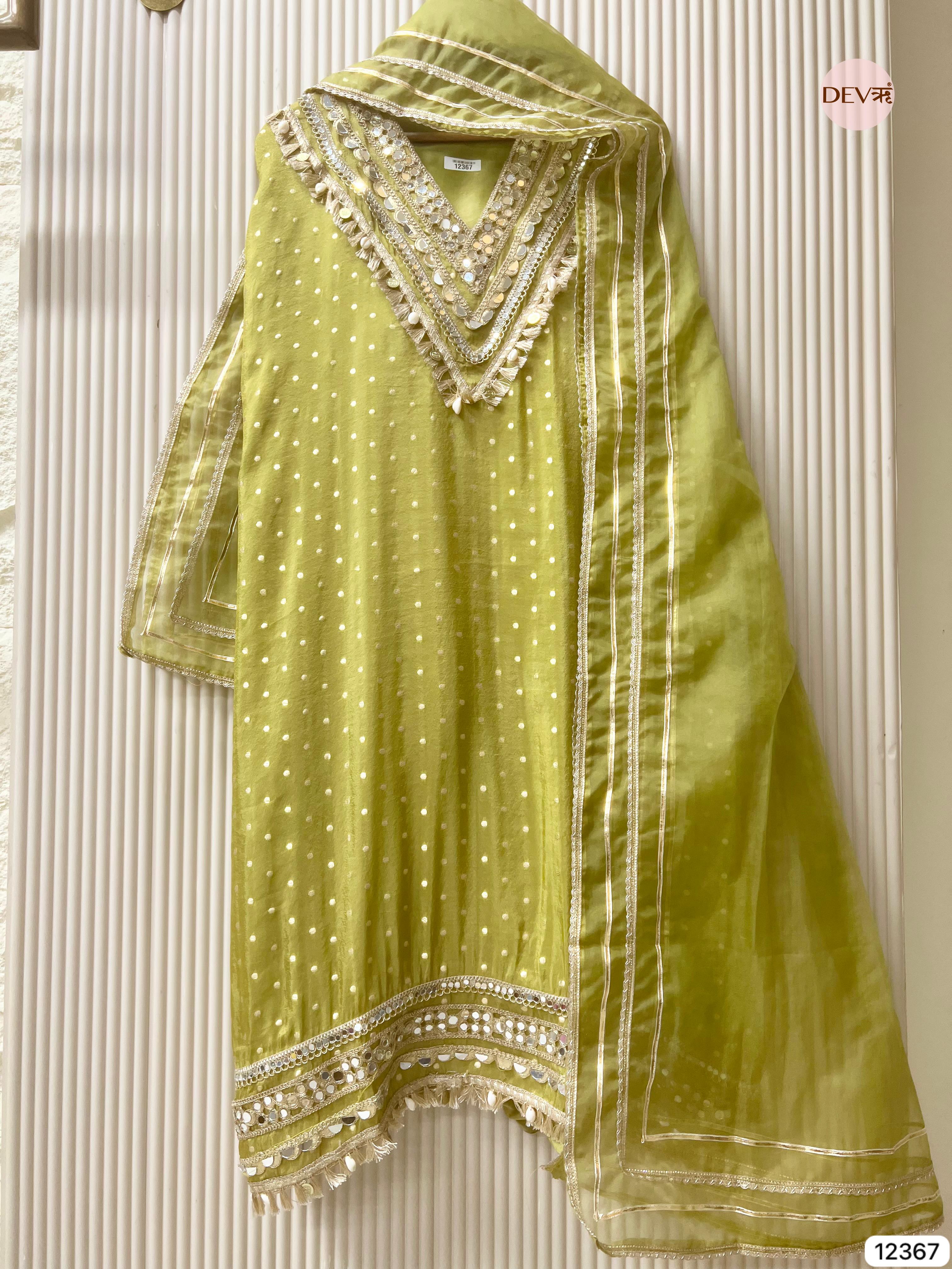 Olive Green Tissue Shimmer Embellished Unstitched 3-Piece Suit (Devri – D.No 12367)