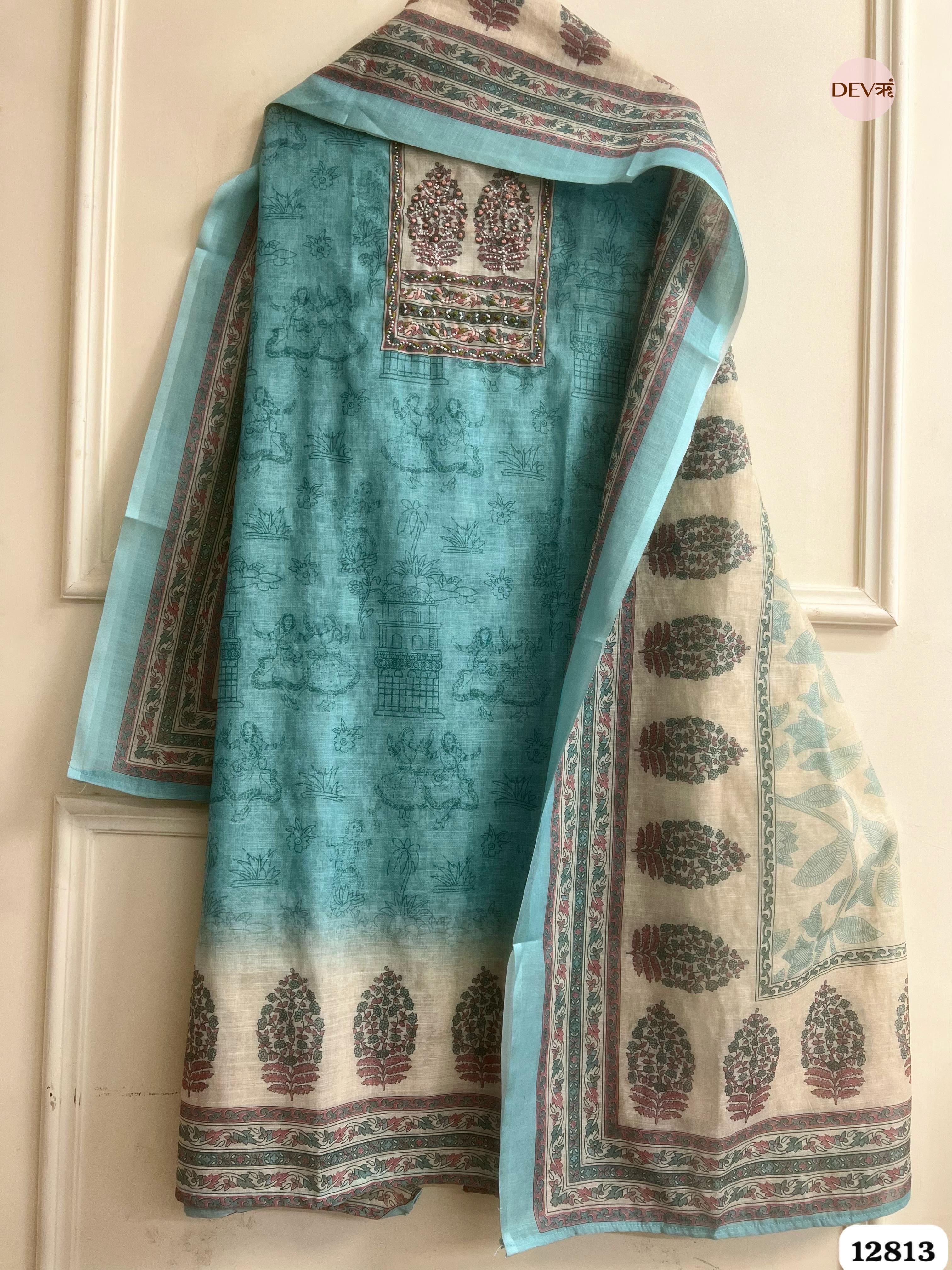 Aqua Linen Cotton Printed Unstitched 3-Piece Suit (Devri – D.No 12813)