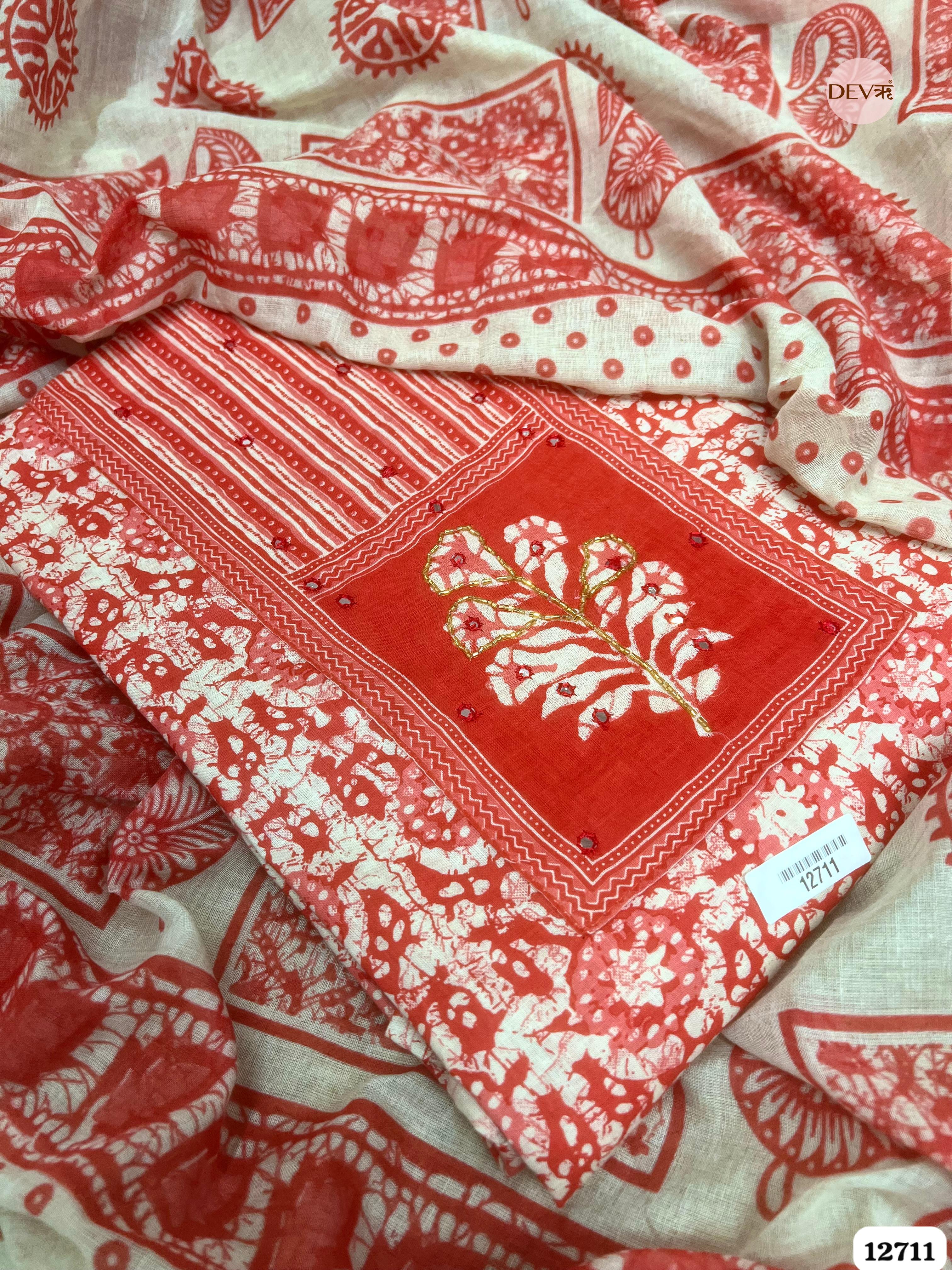 Coral Red Cotton Printed Unstitched 3-Piece Suit (Devri – D.No 12711)