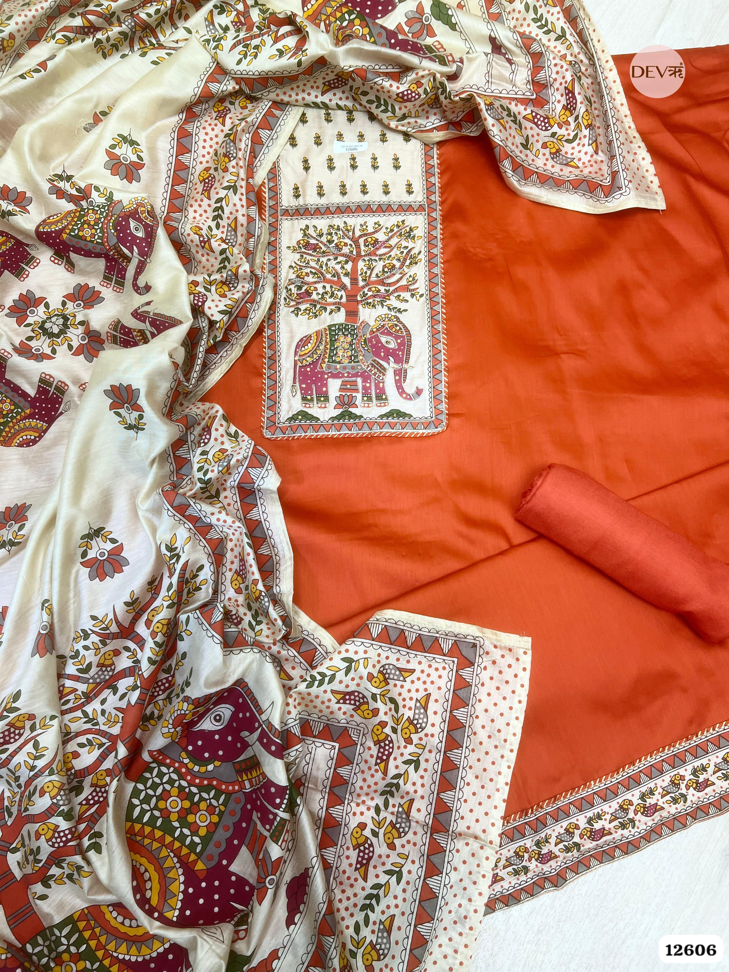 Rust Orange Cotton Embroidered Unstitched 3-Piece Suit (Devri – D.No 12606)