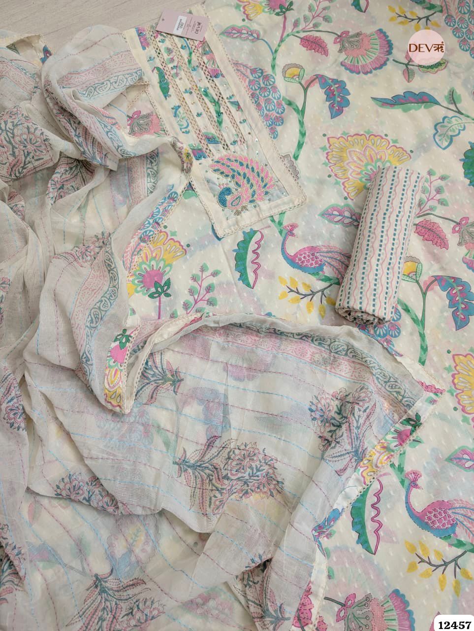 Cream & Multi-Color Pure Cotton Printed Unstitched 3-Piece Suit (Devri – D.No. 12457)