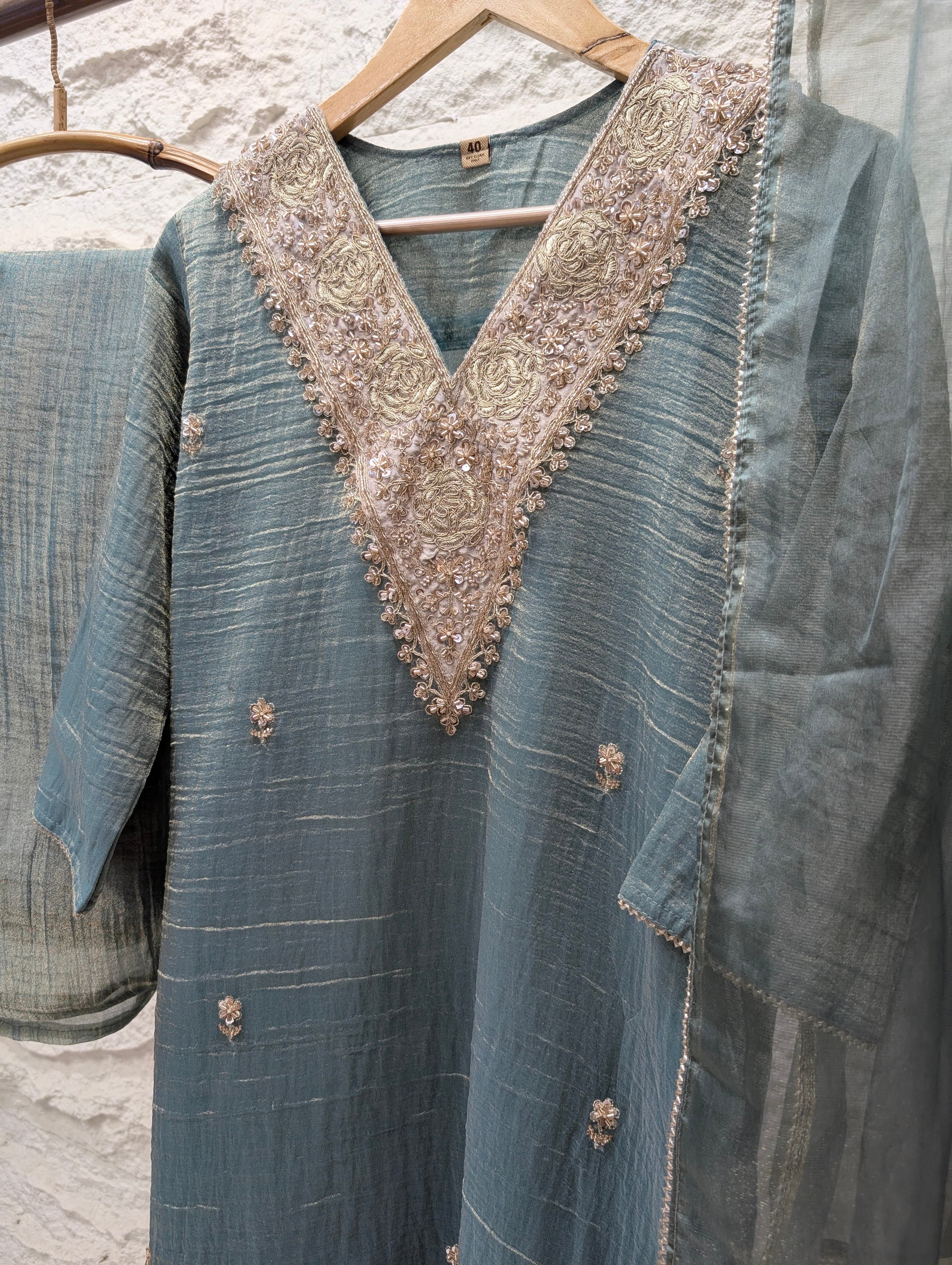 Zehra Tissue silk Embroidered Sea Green 3-Piece Set (Devri – D.No 13703)