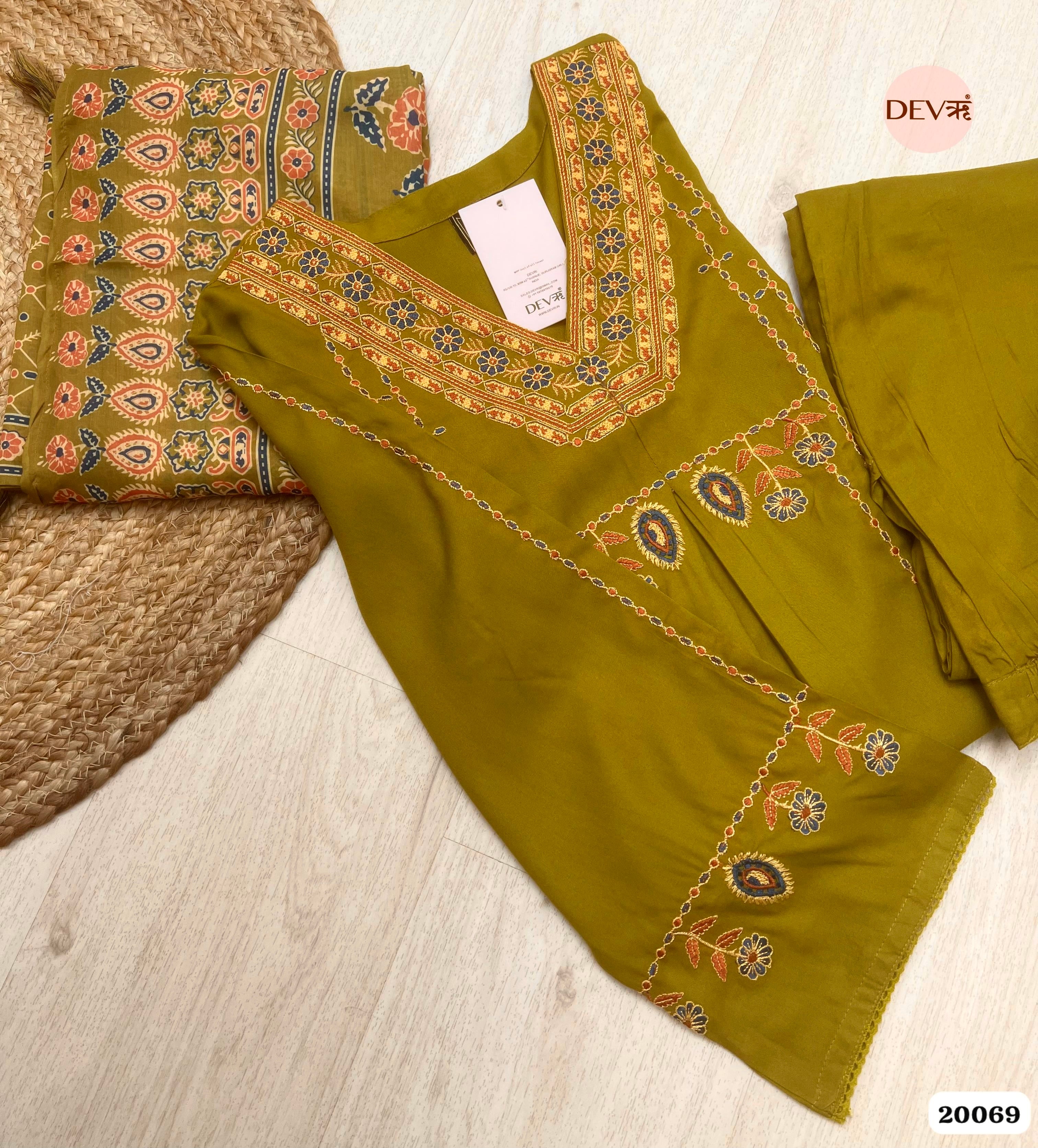 Zoya German Reyon Embroidered Olive Green 3-Piece Set (Devri – D.No 20069)