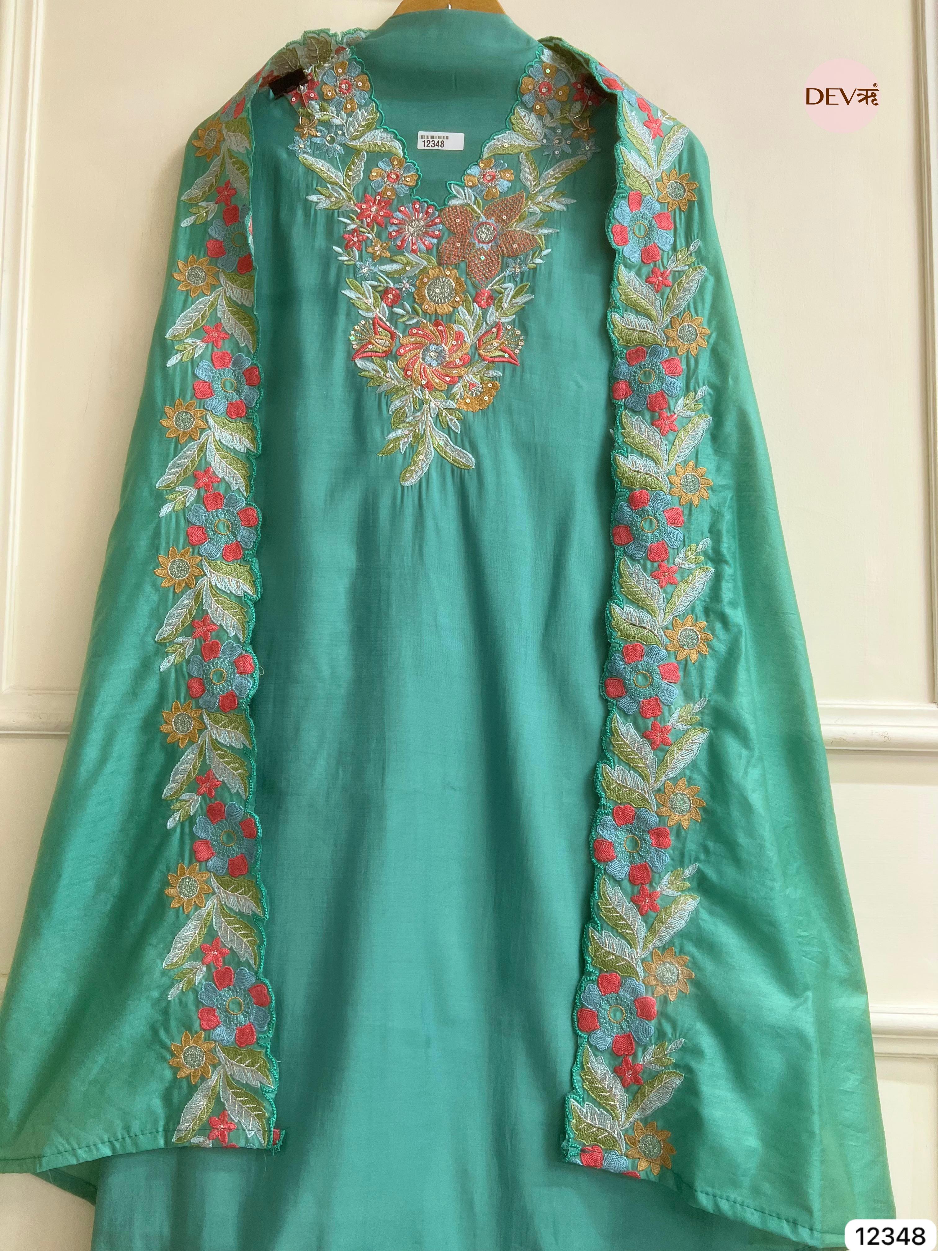 Teal Green Roman Silk Embroidered Unstitched 3-Piece Suit (Devri – D.No 12348)