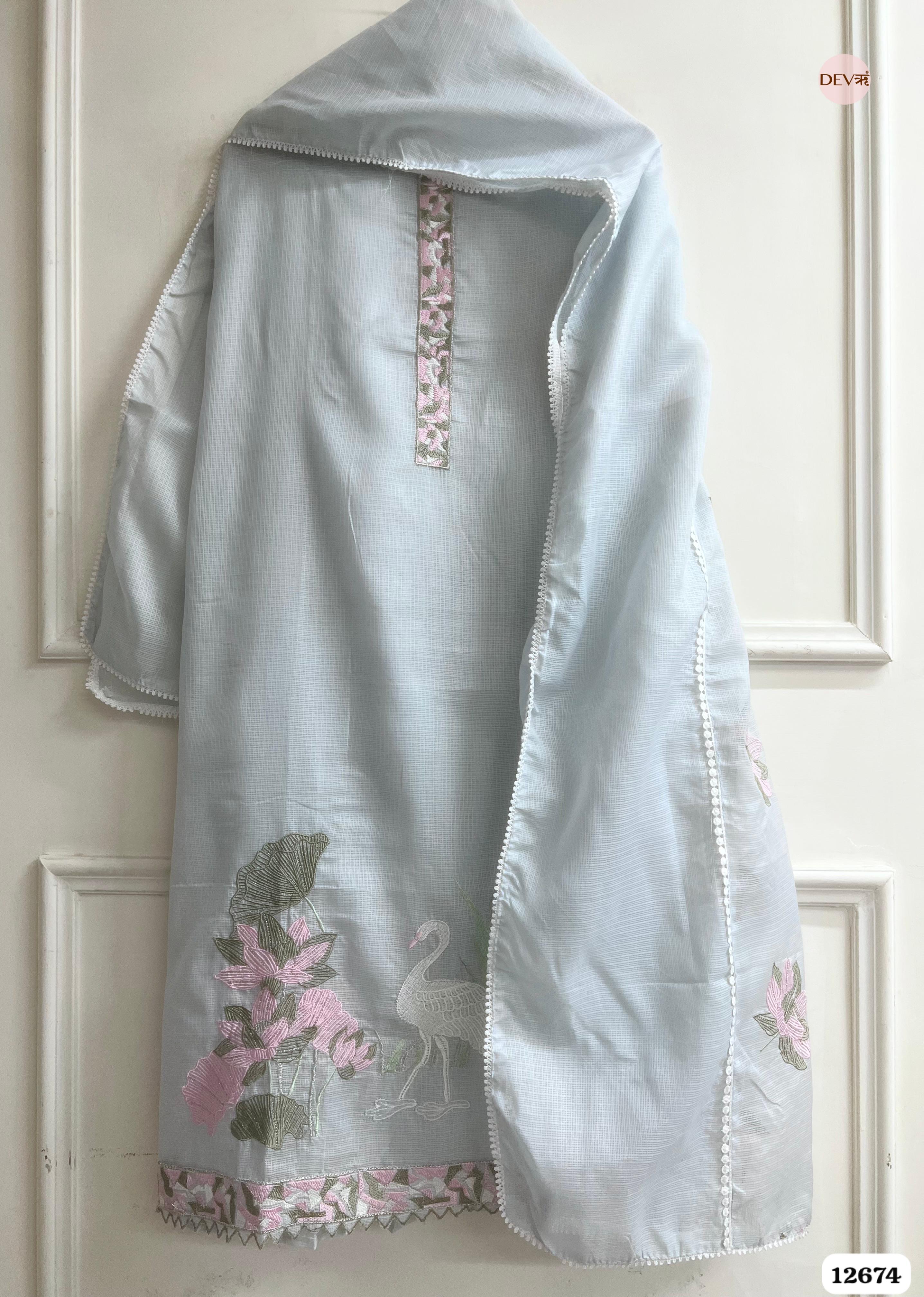 Sky Blue Kota Embroidered Unstitched 3-Piece Suit (Devri – D.No 12674)