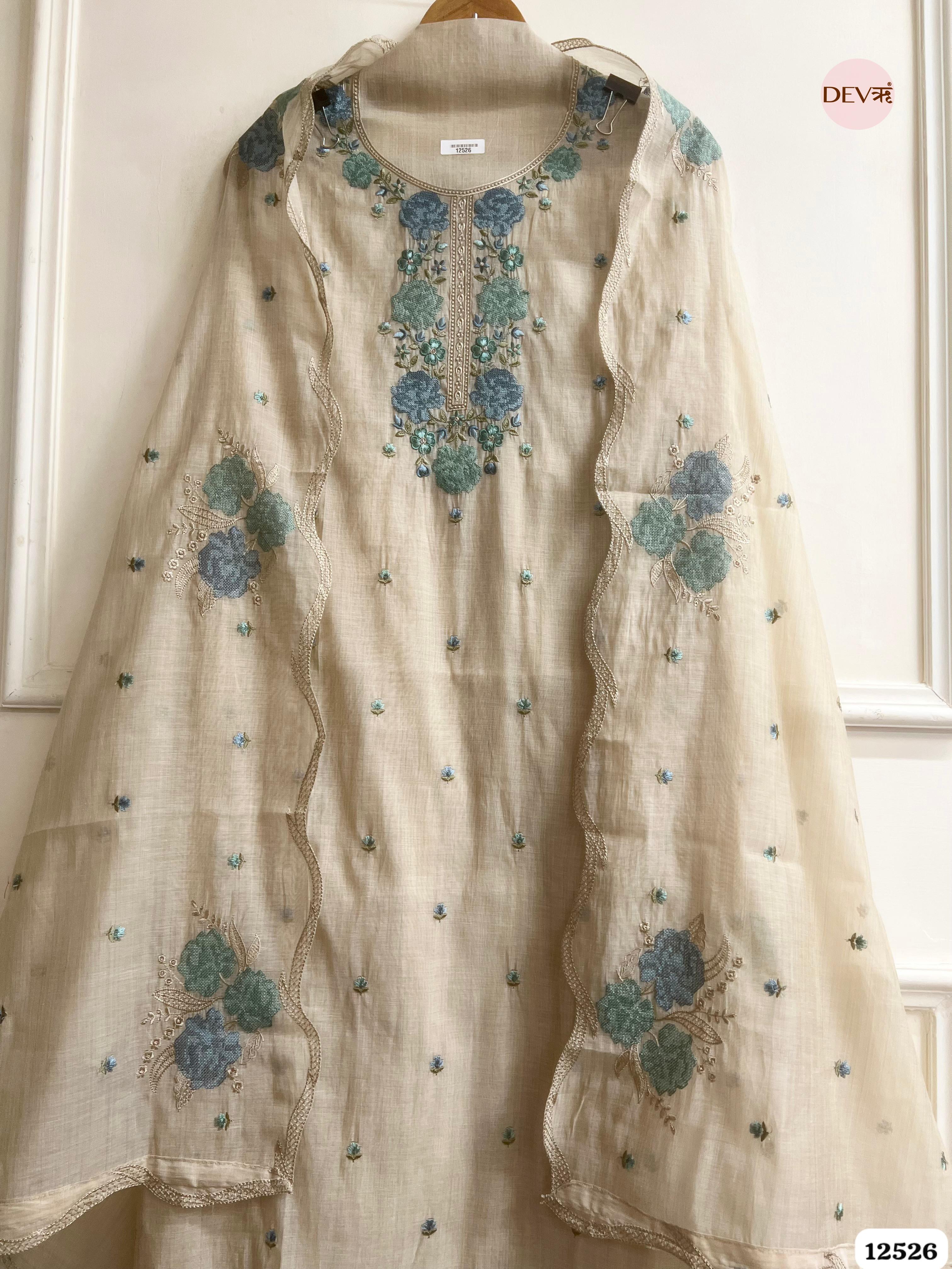 baige Mul Chanderi Embroidered Unstitched 3-Piece Suit (Devri – D.No. 12526)