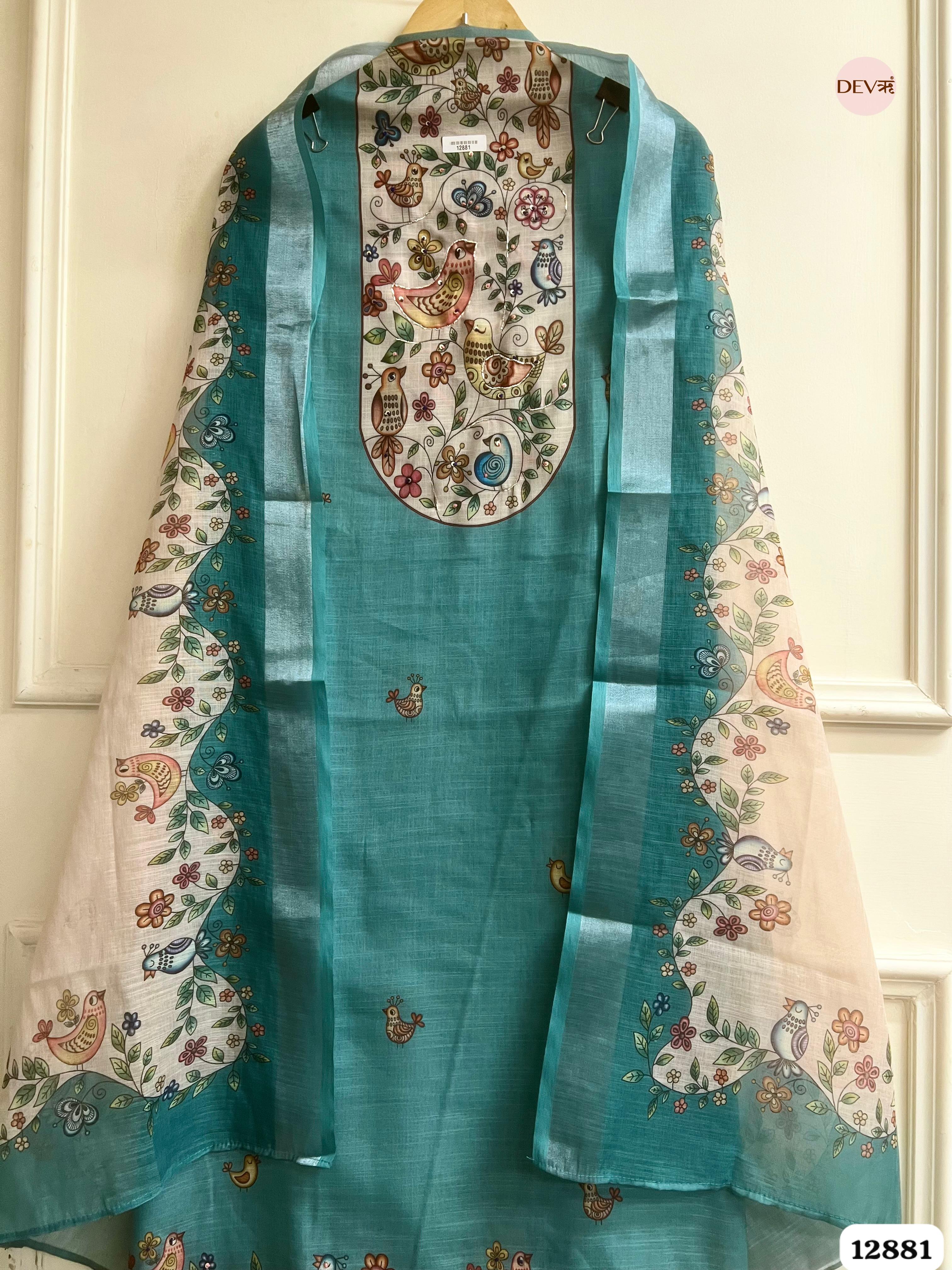 Teal Blue Linen Cotton Printed Unstitched 3-Piece Suit (Devri – D.No 12881)