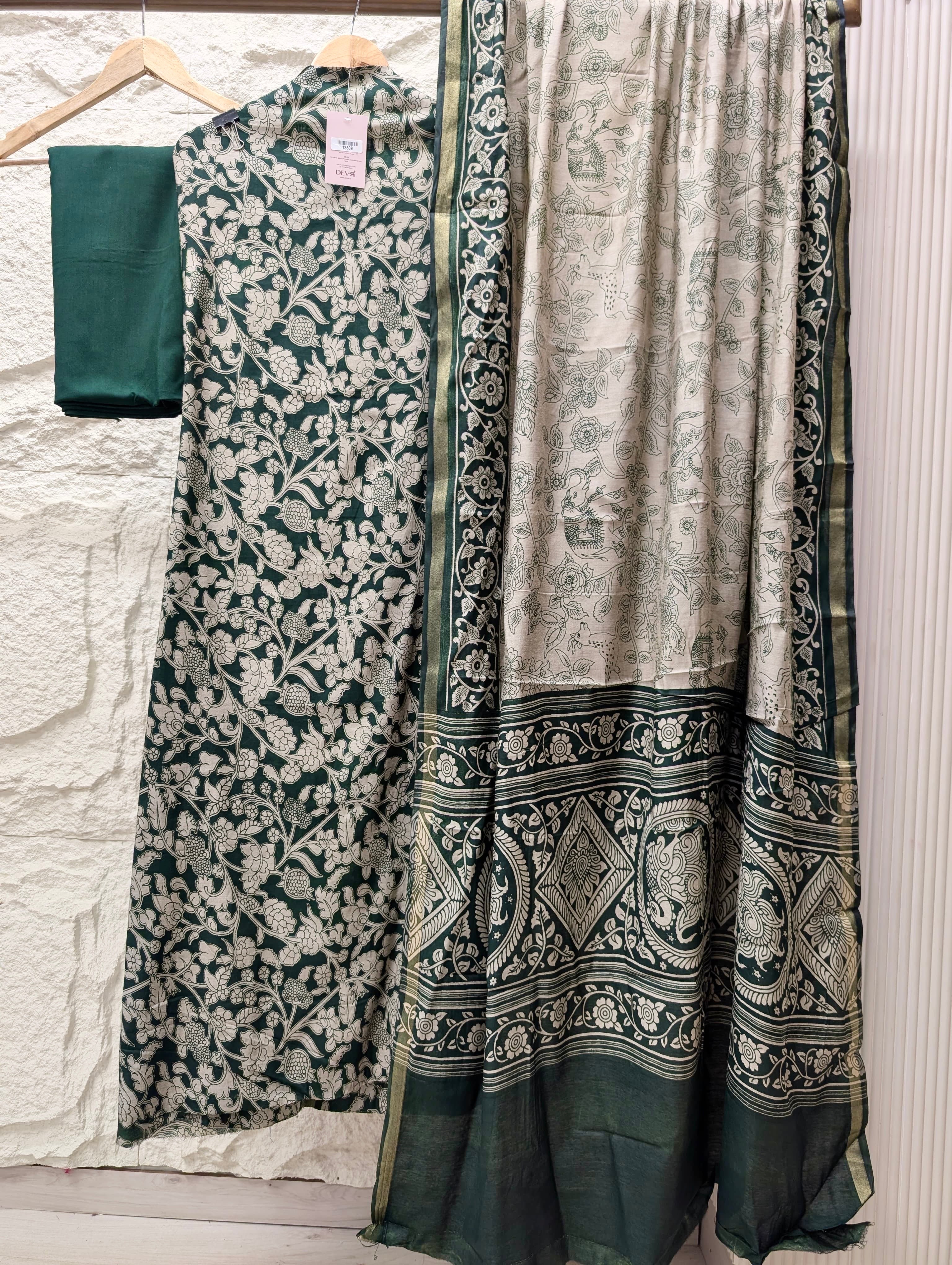 Green Maheshwari Silk Printed Unstitched 3-Piece Suit (Devri – D.No 13609)