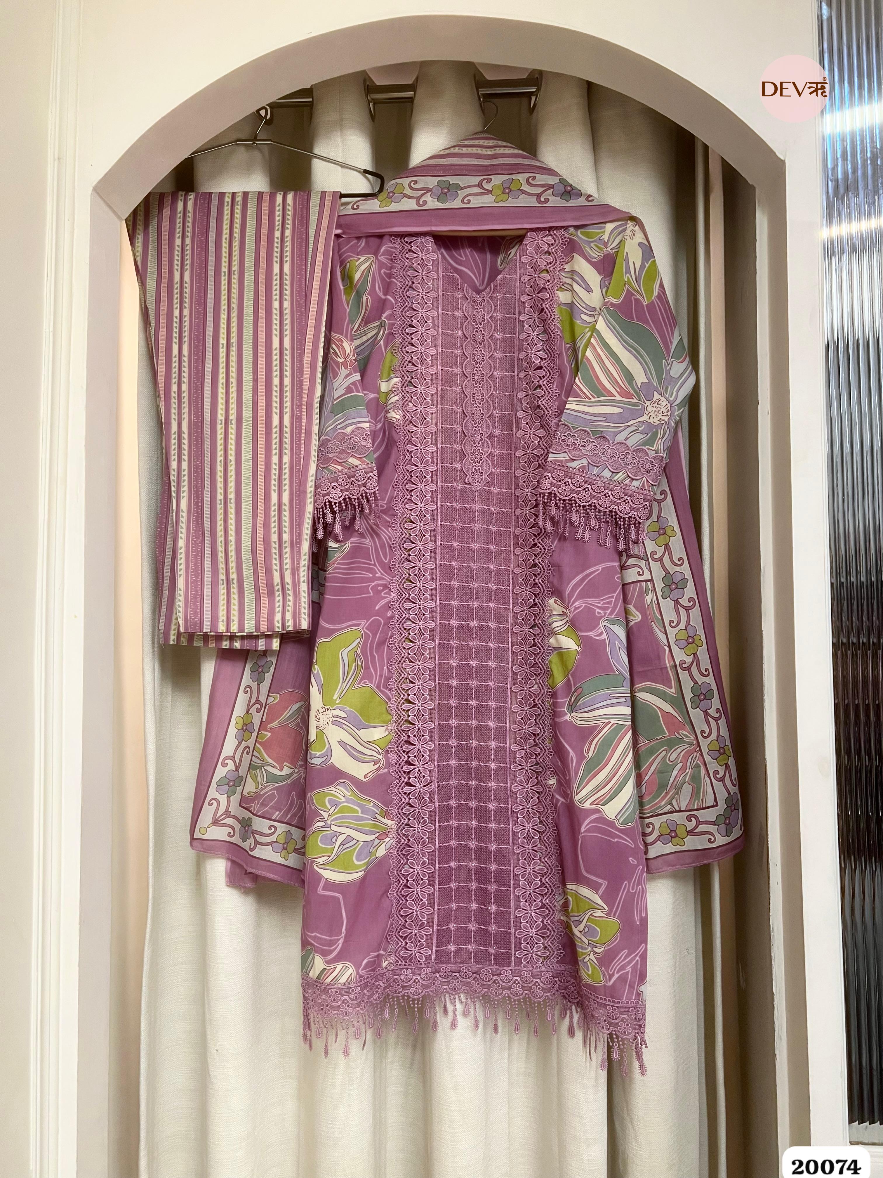 Kavya Cotton Printed Mauve &amp; Sage 3-Piece Set (Devri – D.No 20074)