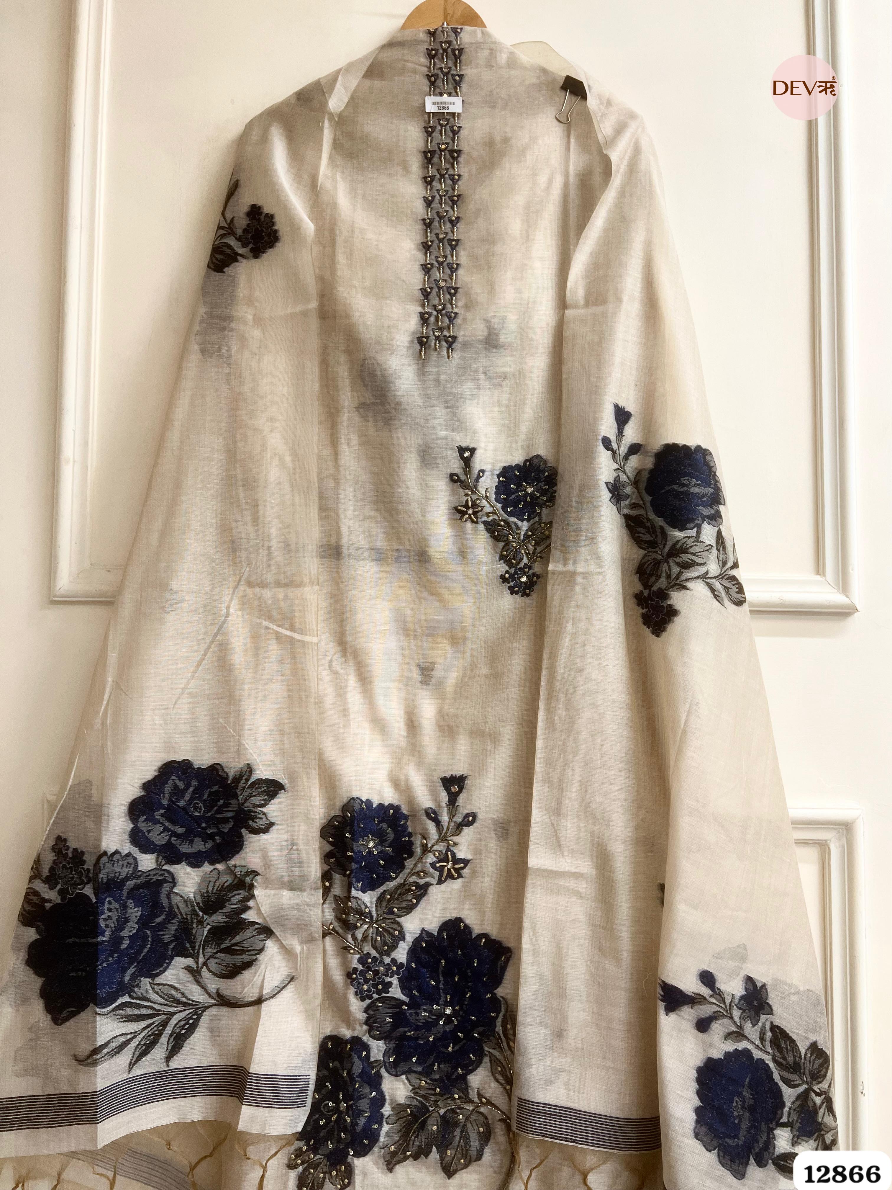 Ivory Mul Chanderi Embroidered Unstitched 3-Piece Suit (Devri – D.No 12866)