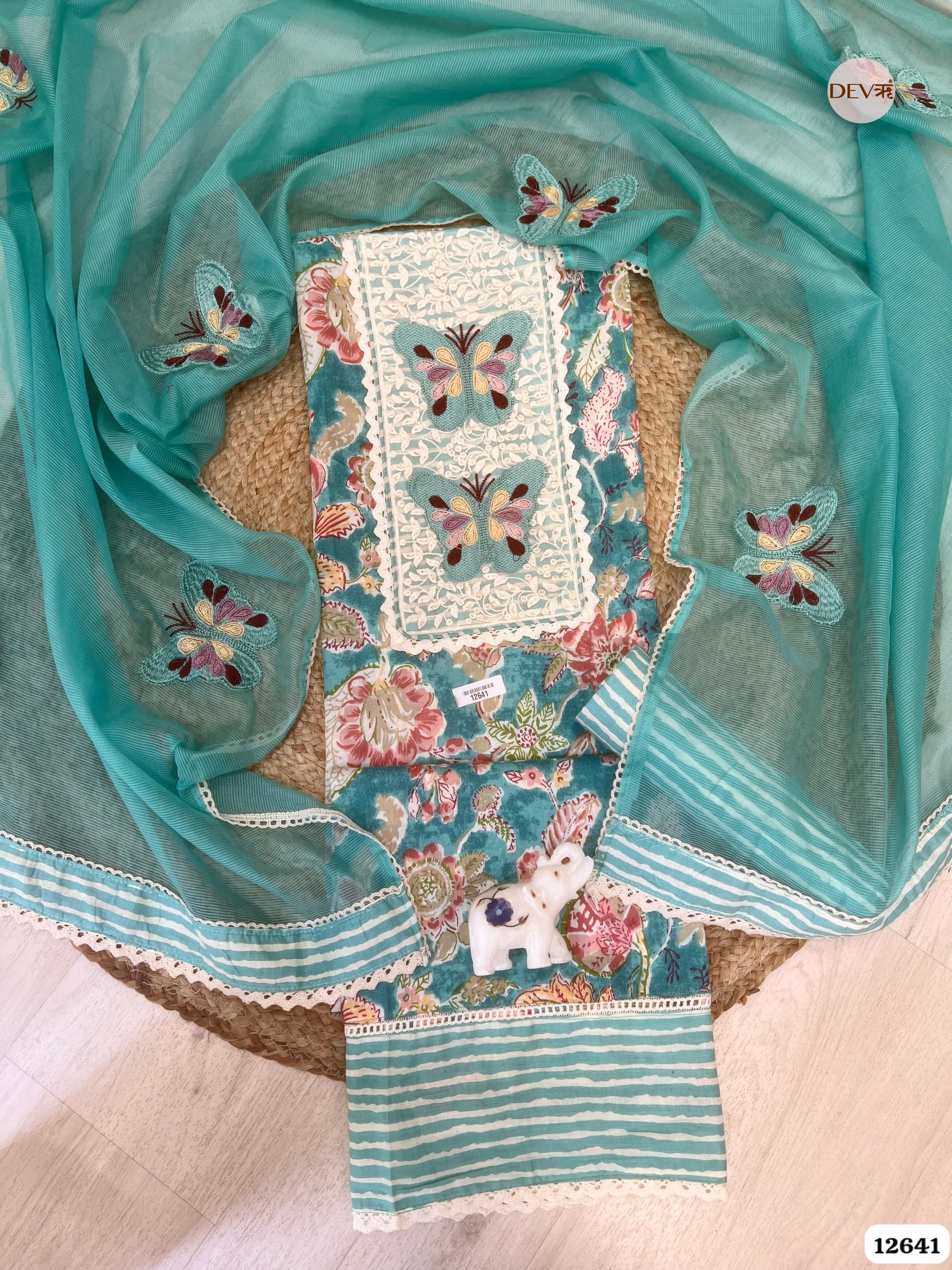 Teal Blue Floral Cotton Unstitched 3-Piece Suit with Net Dupatta (Devri – D.No 12641)